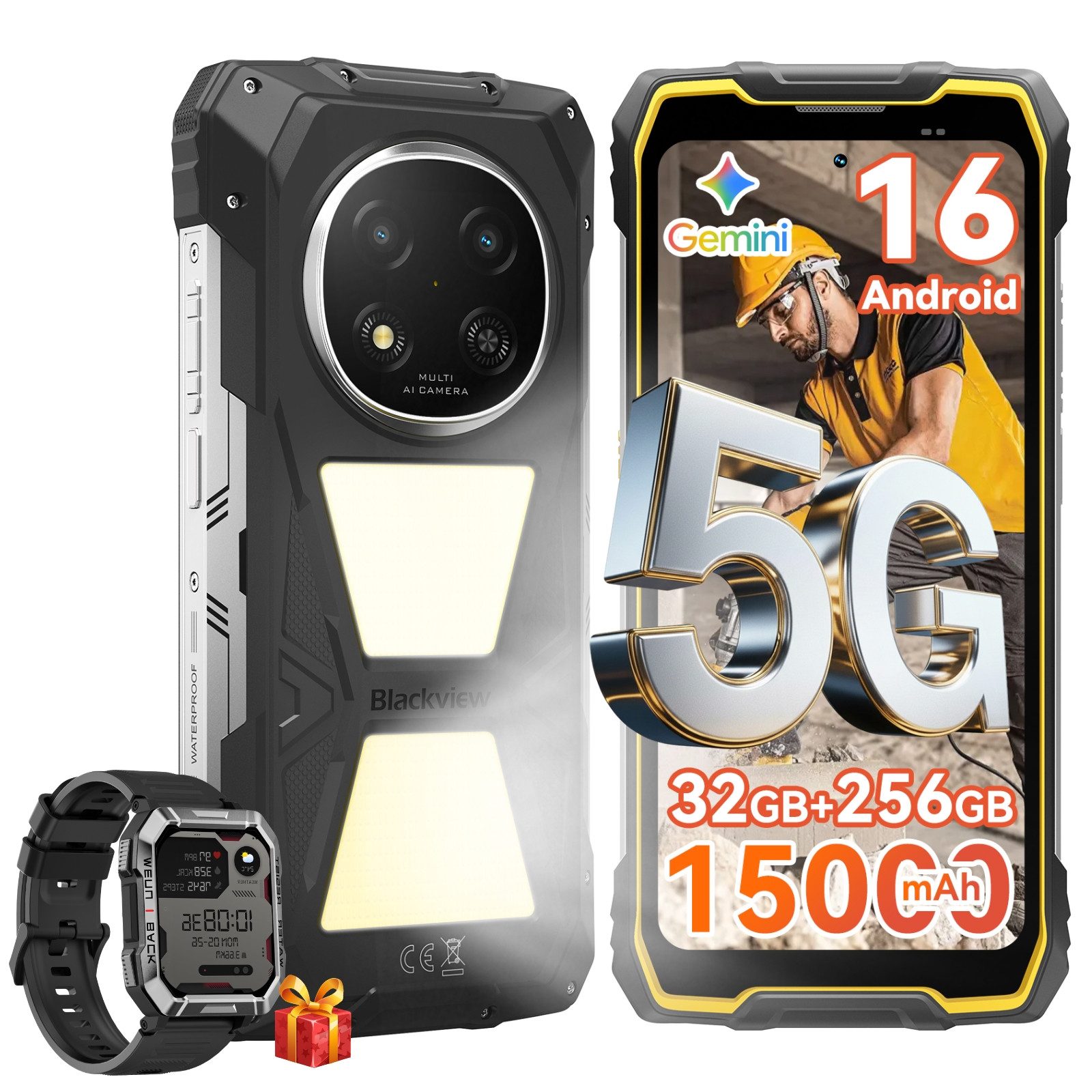blackview ROCK 2 Pro 5G, 15000 mAh, 400 Lm Campinglicht, IP69K incl. W60 Smartphone (16,94 cm, 256 GB Speicherplatz, 13 MP Kamera, Campinglicht, SOS-Modus, OTG Reverse Charging, Glove Mode, 33W)