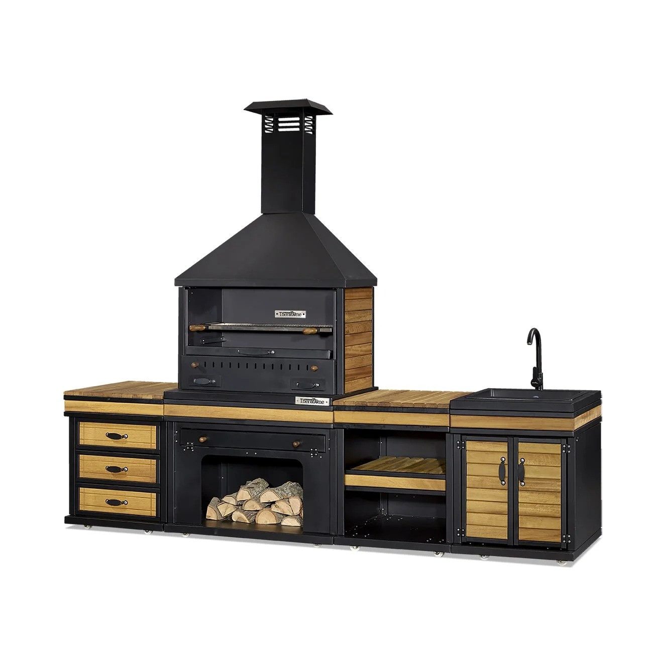 JVmoebel Outdoor-Küche Außenküche in Schwarz Holz Edelstahl modern robust, Made in Europe