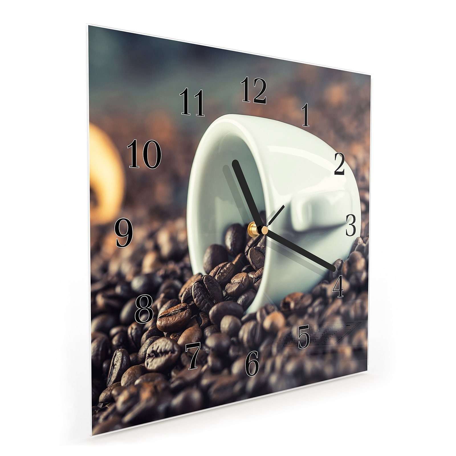 Primedeco Größe Glasuhr Wandkunst mit cm Wanduhr x 30 Wanduhr aus 30 Tasse Motiv Kaffeebohnen