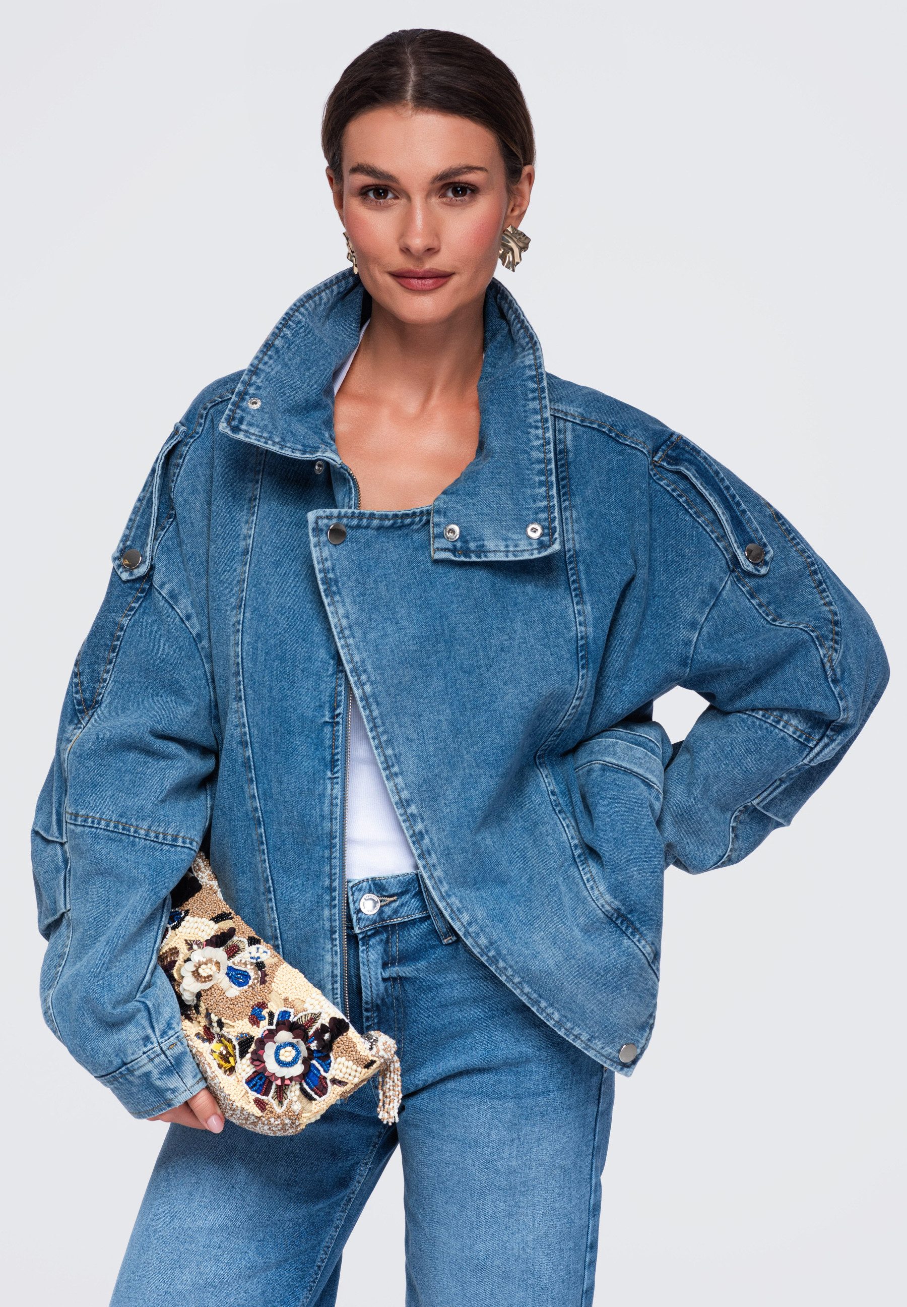 OMBRE Jeansjacke Damen Jeansjacke mit hohem Kragen und Oversized-Schnitt Blau M (kein Set, 1-St) in Unifarbe