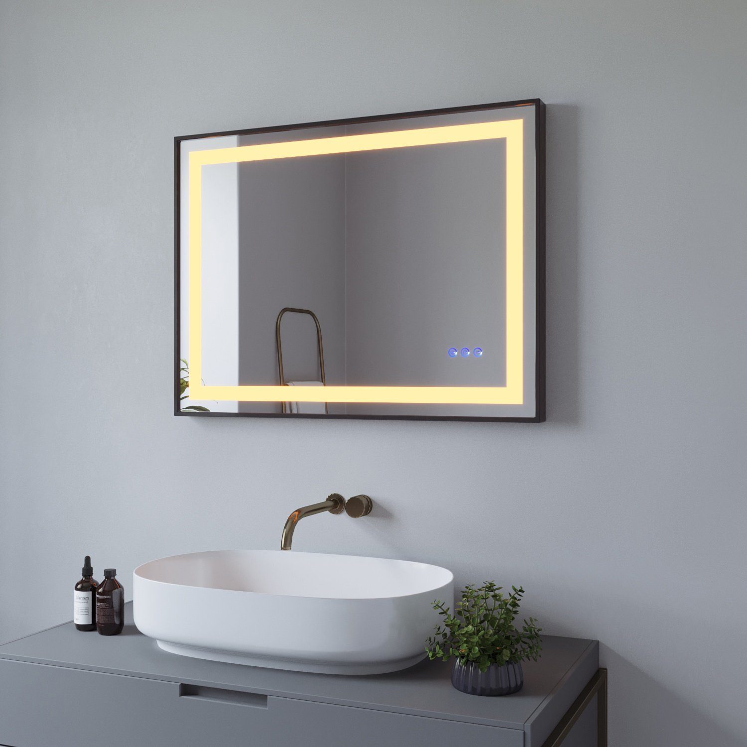 LED Licht Schwarzer 6400K Badspiegel Badspiegel Beleuchtung, Warmweiß Antibeschlage Energiesparender mit Kaltweiß/ Licht mit Rahmen 3000K Lichtspiegel, AQUALAVOS