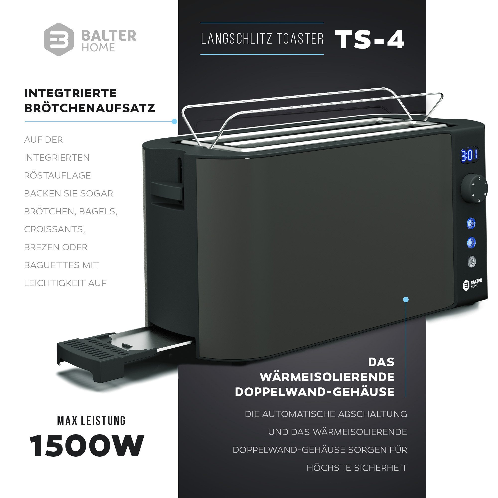 Balter Toaster Toaster TS-04-LCD Edehlstahl Grau, Langschlitz, für bis 4 Scheiben, 1500 W, LCD-Anzeige