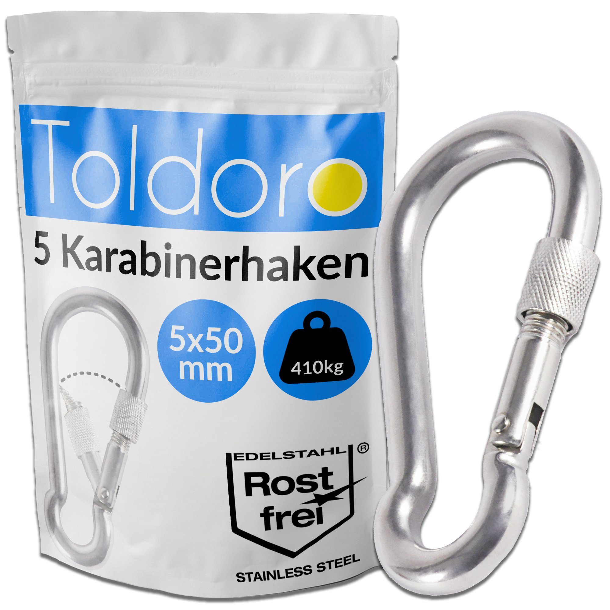 Toldoro Karabiner 5x 50mm Karabiner mit Sicherheitsverschluss, Karabinerhaken Edelstahl rostfrei, (5 St), 5x 50mm Karabiner mit Sicherheitsverschluss, Karabinerhaken Edelstahl rostfrei