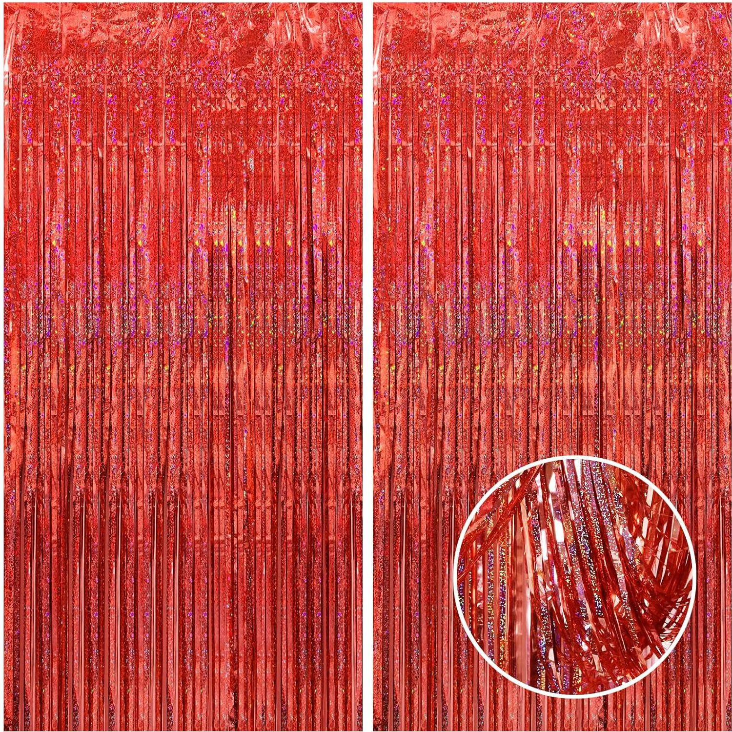 Kopper-24 Türvorhang Lametta Vorhang 2 x 1 m, Rot glitzernd, holographisch Party Deko Fotoh, Schlaufen, Folie