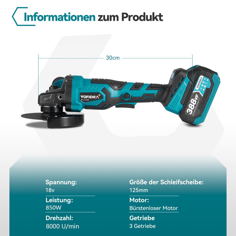ONEVAN Akku-Winkelschleifer Bürstenloser Motor 125mm Winkelschleifer günstig online kaufen