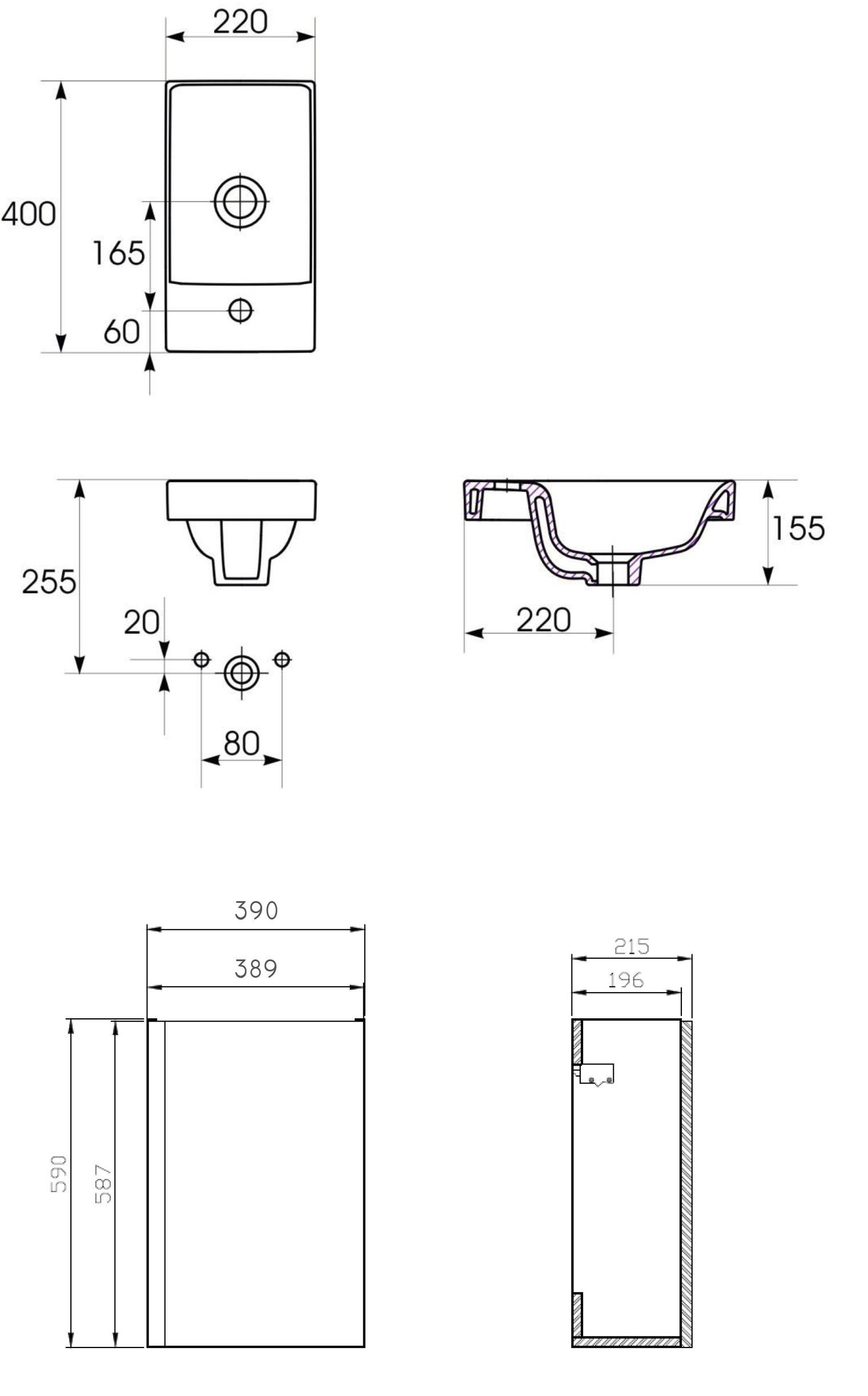 KOLMAN Waschbeckenunterschrank Badmöbel Weiß (160x40x34) Badezimmerschrank & MODUO Keramikwaschbecken mit 40 Set Türen