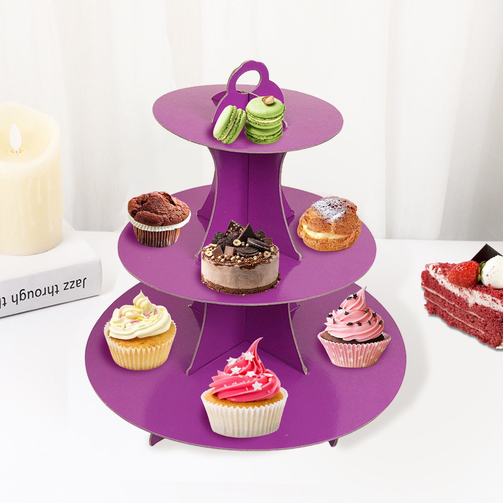 Rutaqian Kuchenteller Tortenständer mit drei Etagen Geburtstagsfeier Kuchenstand, (1 St), Dessertteller Cupcake-Tablett Haushaltsprodukte Lila | Kuchenteller