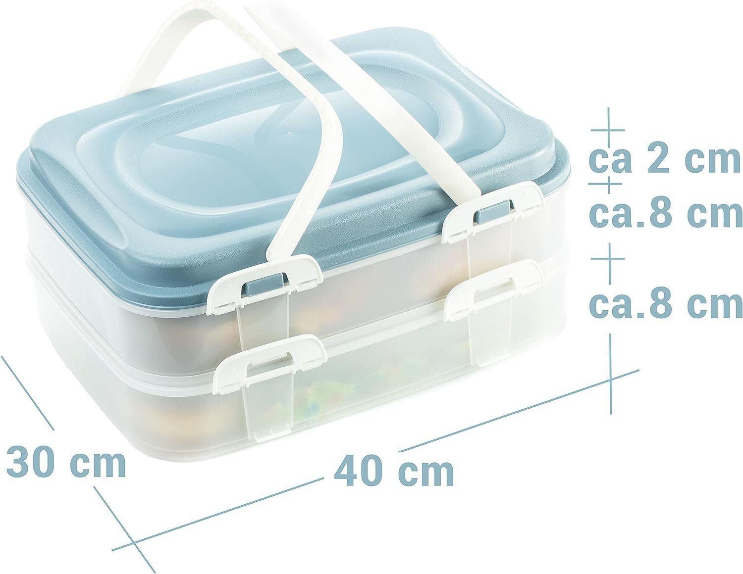 Muffin Kuchenbehälter, Cupcake/ Kuchentransportbox (40x30x18cm blau), Deckel 2 - Kunststoff, Centi Rechteckig mit Etagen, Partycontainer + Transportbox mit Tragegriffen Hebeeinsatz
