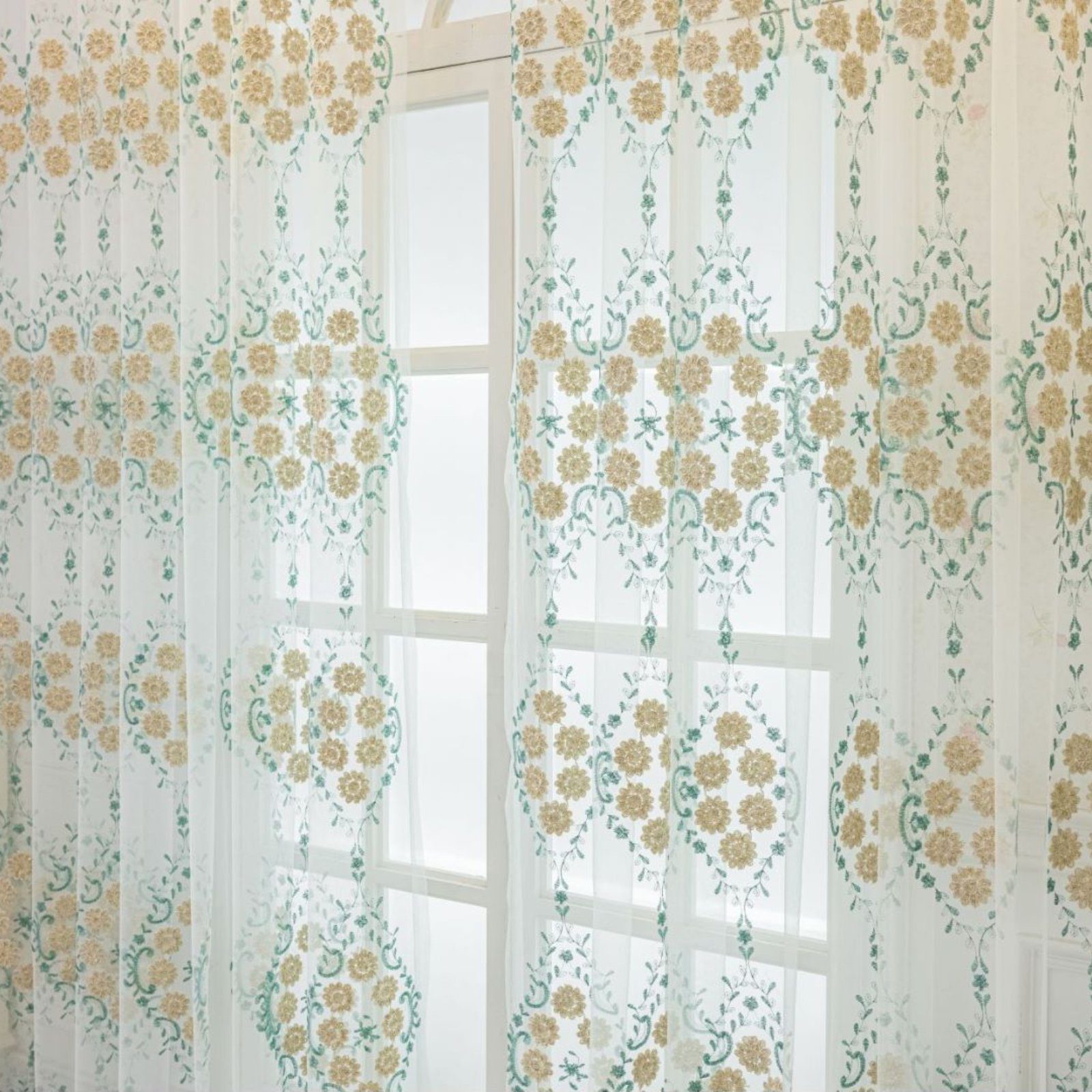 Gardine, HOMEIDEAS, Ösen (2 St), Polyester, Blau Stickerei, transparent, Blumen Dekoschal, 175 132 × cm
