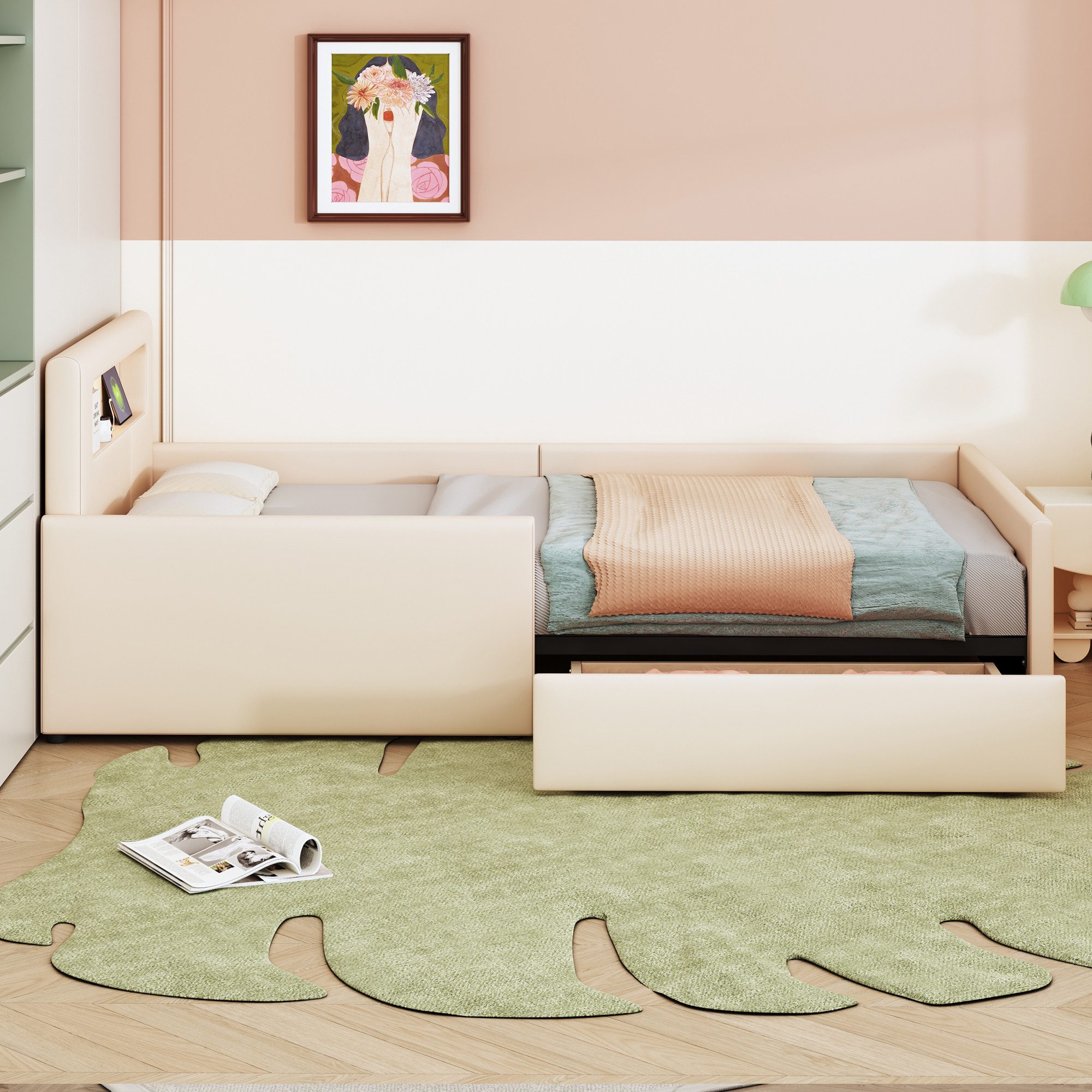 Merax Polsterbett mit USB-Ladeanschluss und Nachtlicht (Jugendbett Einzelbett, 1-tlg., aus Kunstleder), Kinderbett 90x200cm mit Schublade, Sicherheitsseiten & S – Bild 3 von 5