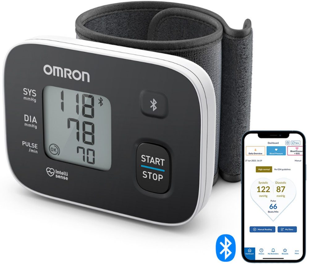 Omron Handgelenk-Blutdruckmessgerät RS3 Intelli IT digitales Handgelenk-Blutdruckmessgerät, klinisch validiert, mit kostenloser Smartphone App OMRON connect