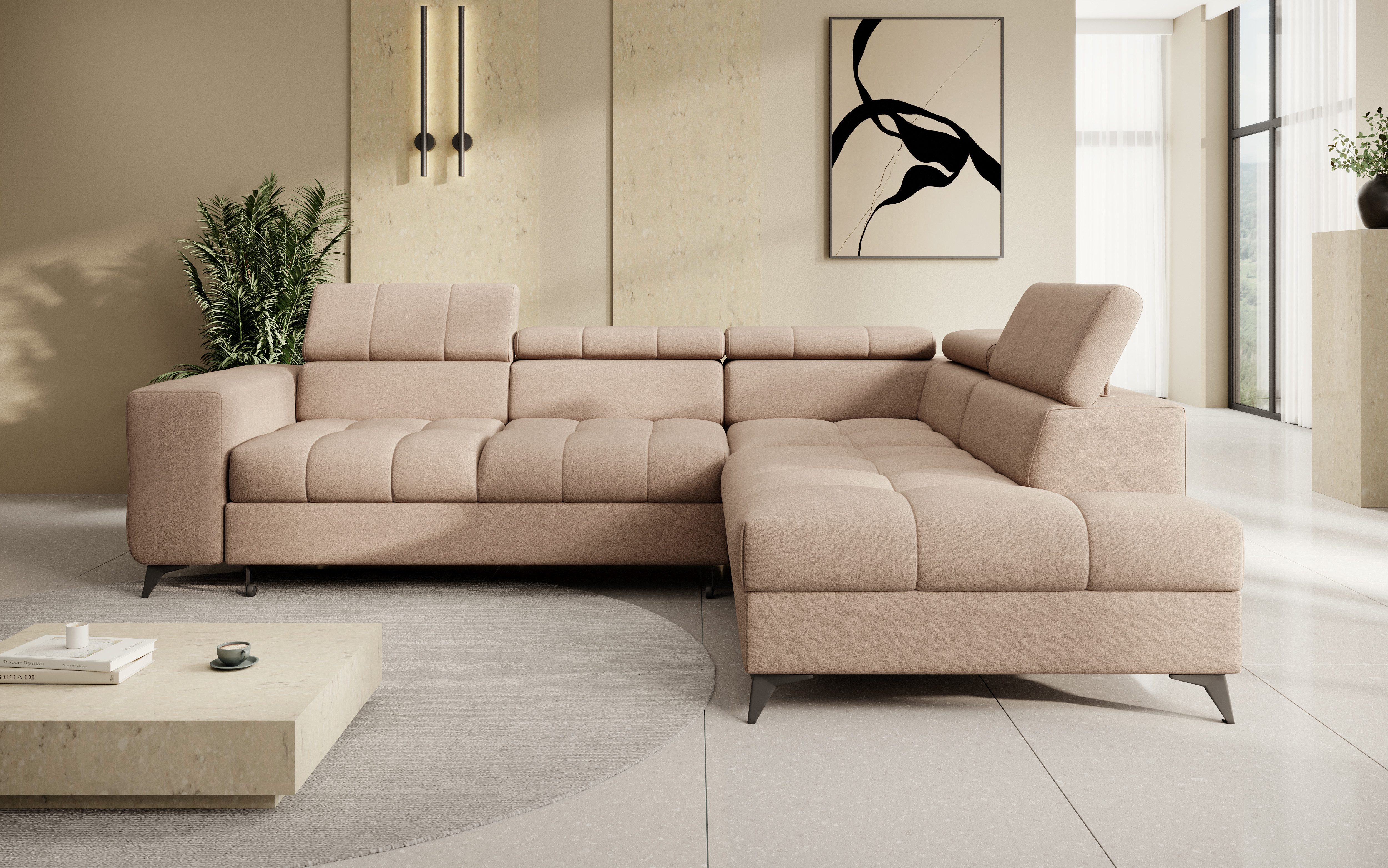 thematys Ecksofa SORANO mit Schlaffunktion & Bettkasten – L-Form, Bouclé und Velours, - mit verstellbaren Kopfstützen, – L-Form 270×203 cm – Schlafsofa mit Ausz – Bild 2 von 5