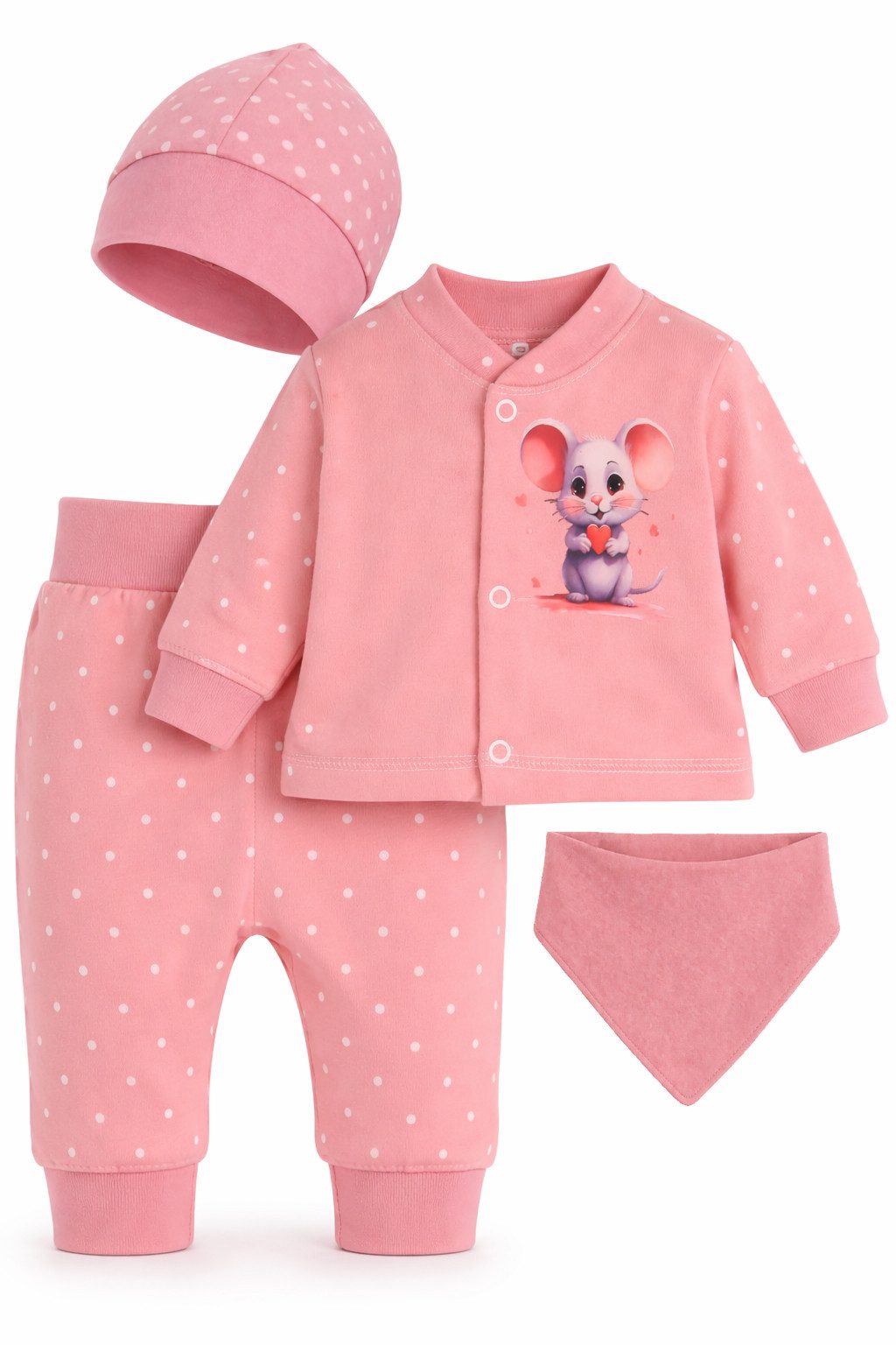 La Bortini Erstausstattungspaket Baby Anzug Hemdchen Hose Mütze Dreieckstuch Garnitur (4-teilig, Set für Neugeborene, Erstlingsset für Mädchen) aus Baumwolle, 44 50 56 62 68 74 80 86