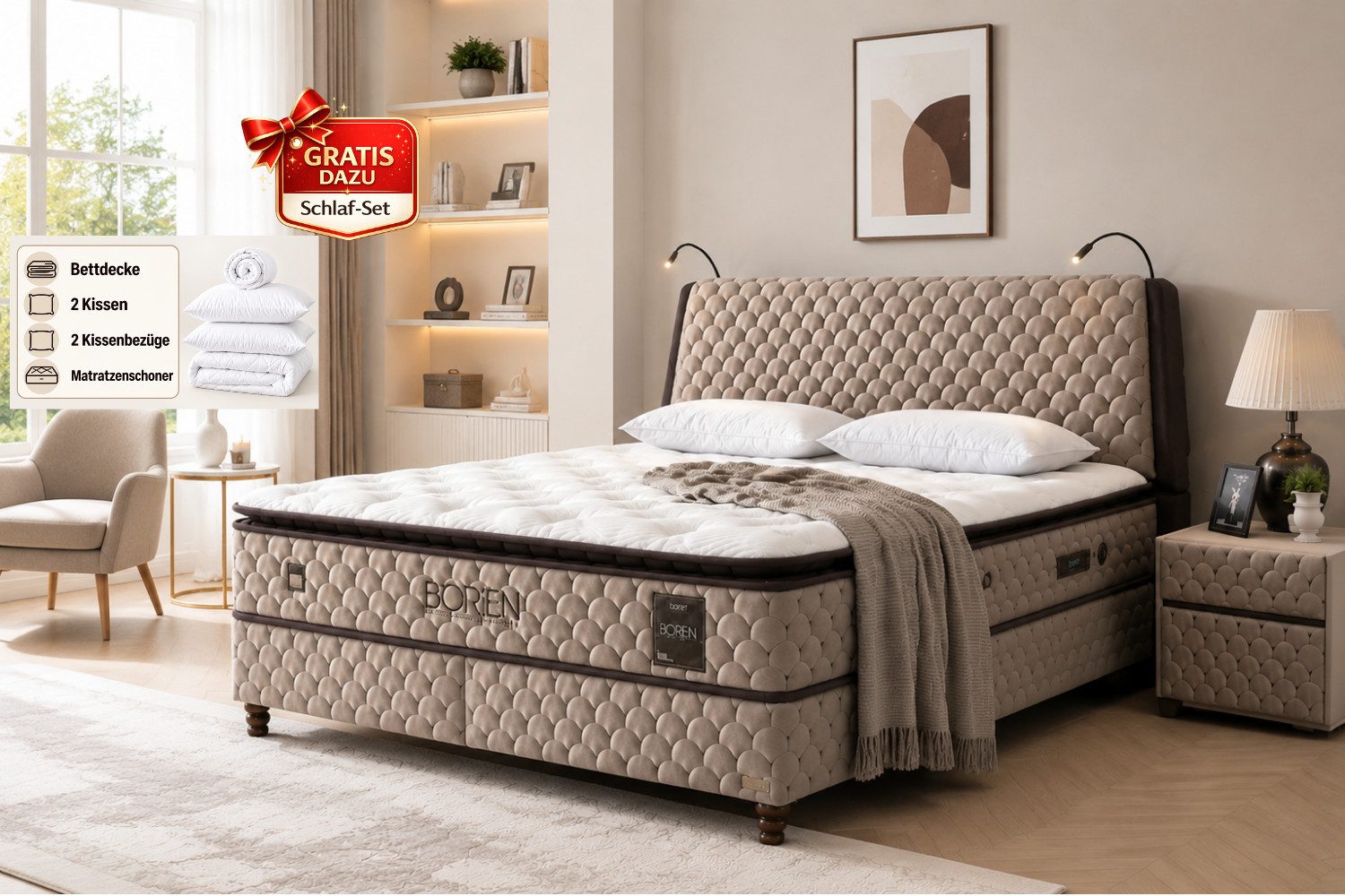 BAMBI YATAK Boxspringbett mit Matratze & Stauraum, Bambi Borjen, Komplettbett, Lampe - USB, H3 (90x200 Bett mit Matratze, 1 x H3 Mittelfest Matratze, 2 x Bettkasten, 1 x Bettkopfteil), Taschenfederkern, Bett mit Bettkasten, Topper