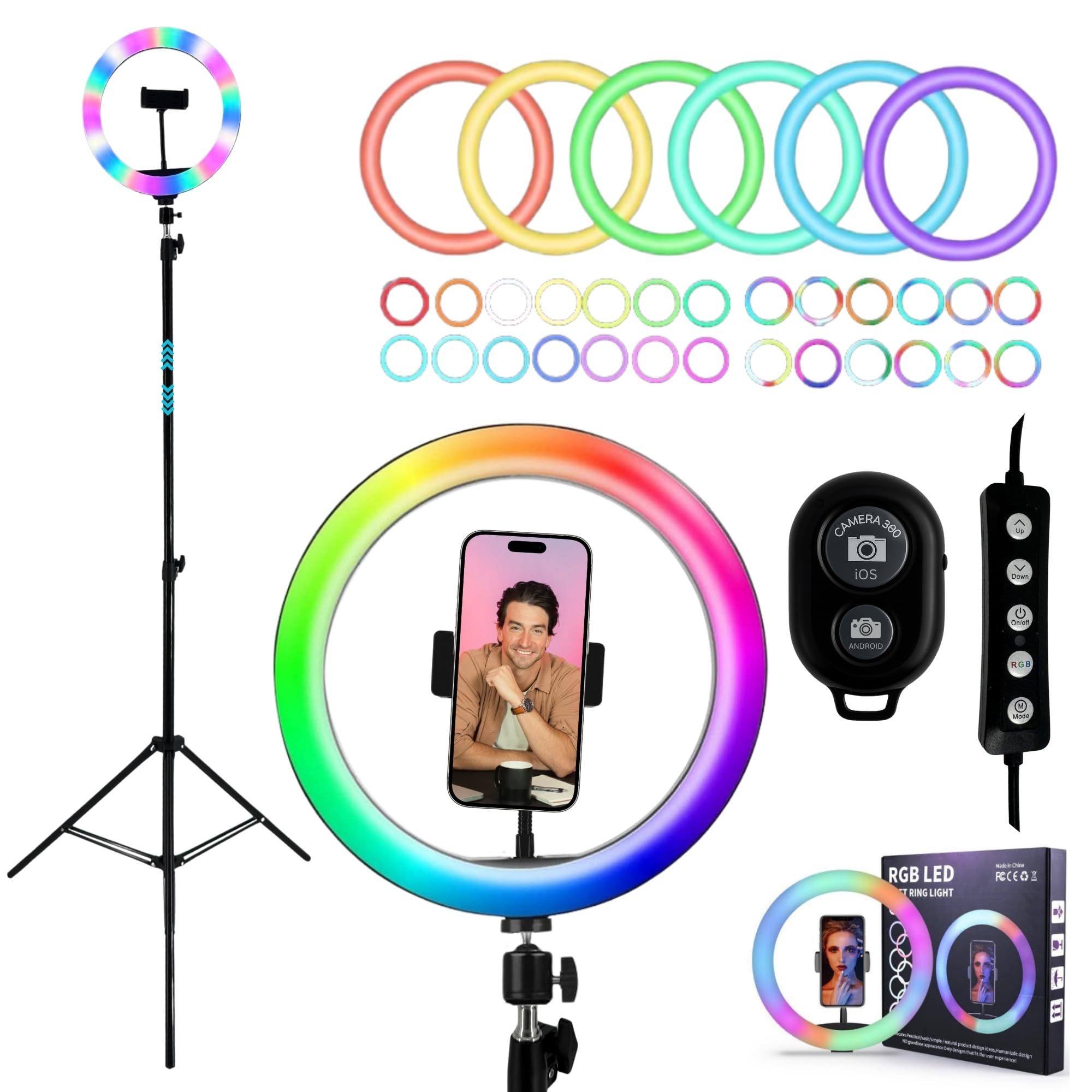 TronicXL Ringlicht RGB LED Ringlicht mit 210cm Stativ + Auslöser Smartphone Halterung, Tripod Ring Light Selfie Bluetooth Selbstauslöser Handy