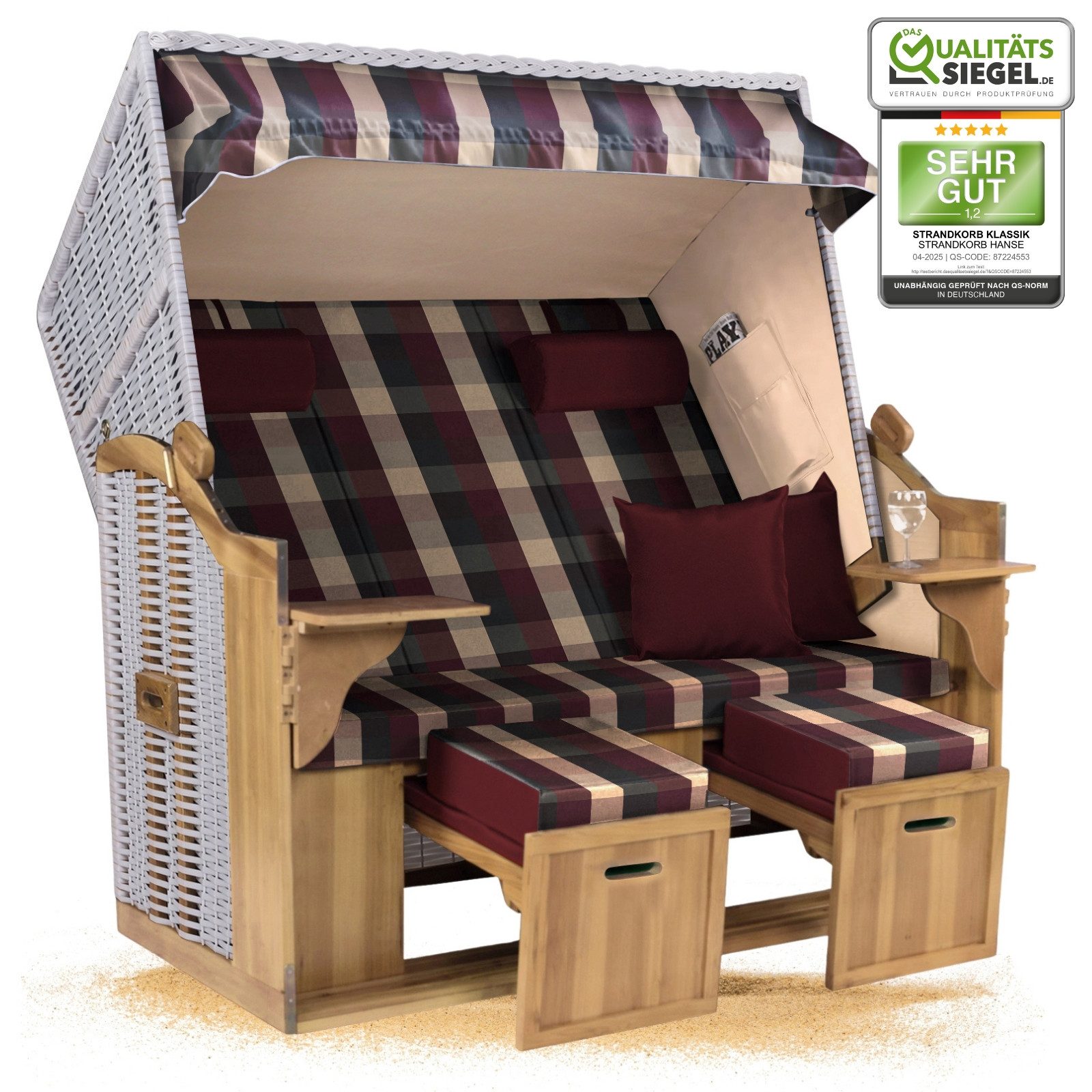 Strandkorb Hanse Strandkorb Strandkorb Ostsee XXL 2,5-Sitzer Volllieger Weiß Rot, BxTxH: 150x80x160 cm, Ostsee XXL Volllieger, Ostsee 2,5-Sitzer Modell 2025, Stabiles Wacholder mit handgefertigtem Polyrattangeflecht