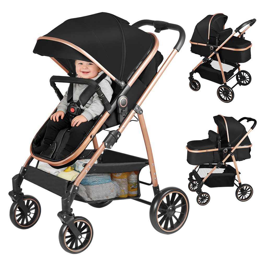 JEOBEST Kombi-Kinderwagen Kinderwagen Buggy 3 in 1, Folding, Reclining Position, (All-Wetter Travel System 0–3 Jahre)Große ausziehbare Verdeck