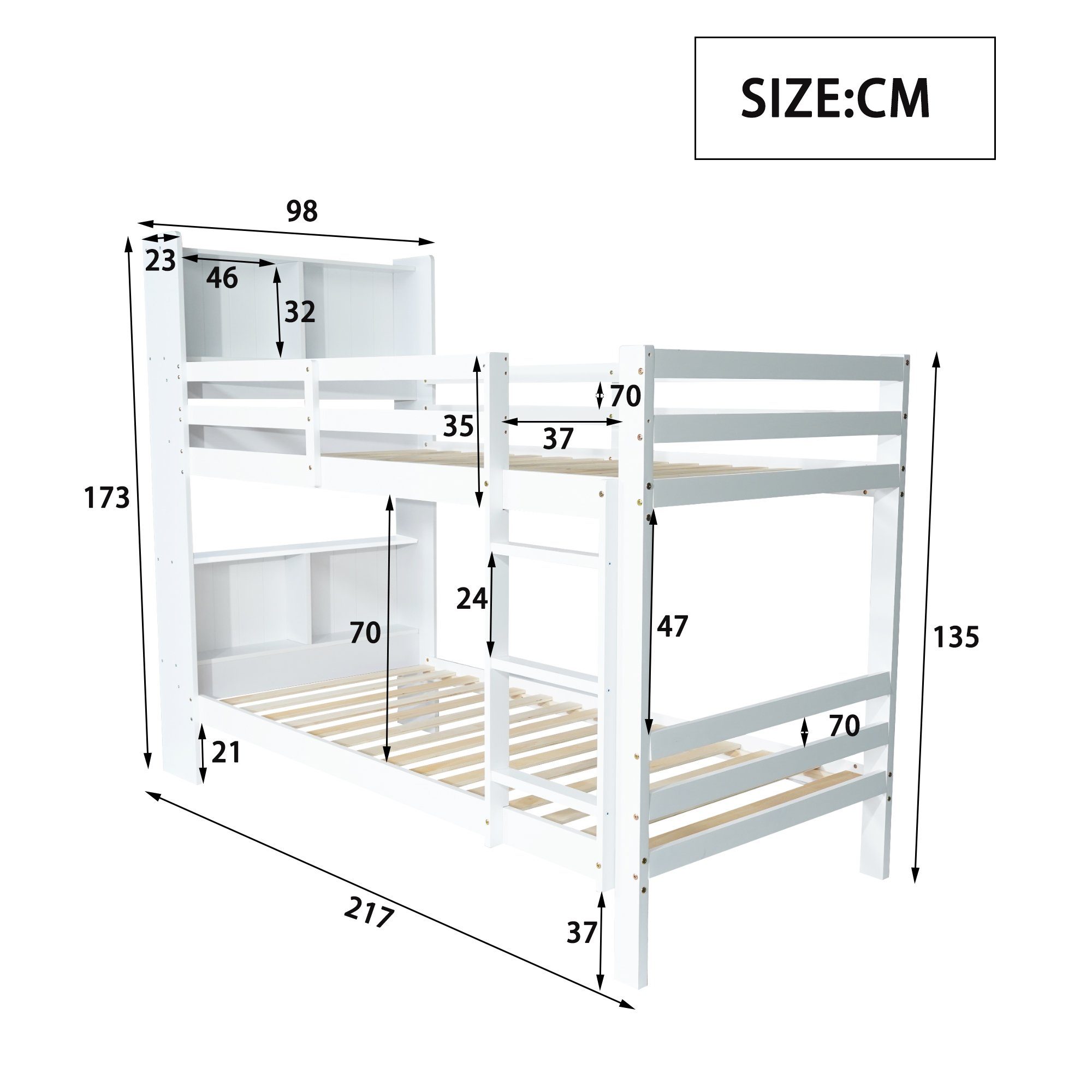 Etagenbett, Hochbett Kinderbett 90x200 cm mit Lattenrost, Leiter und Regale