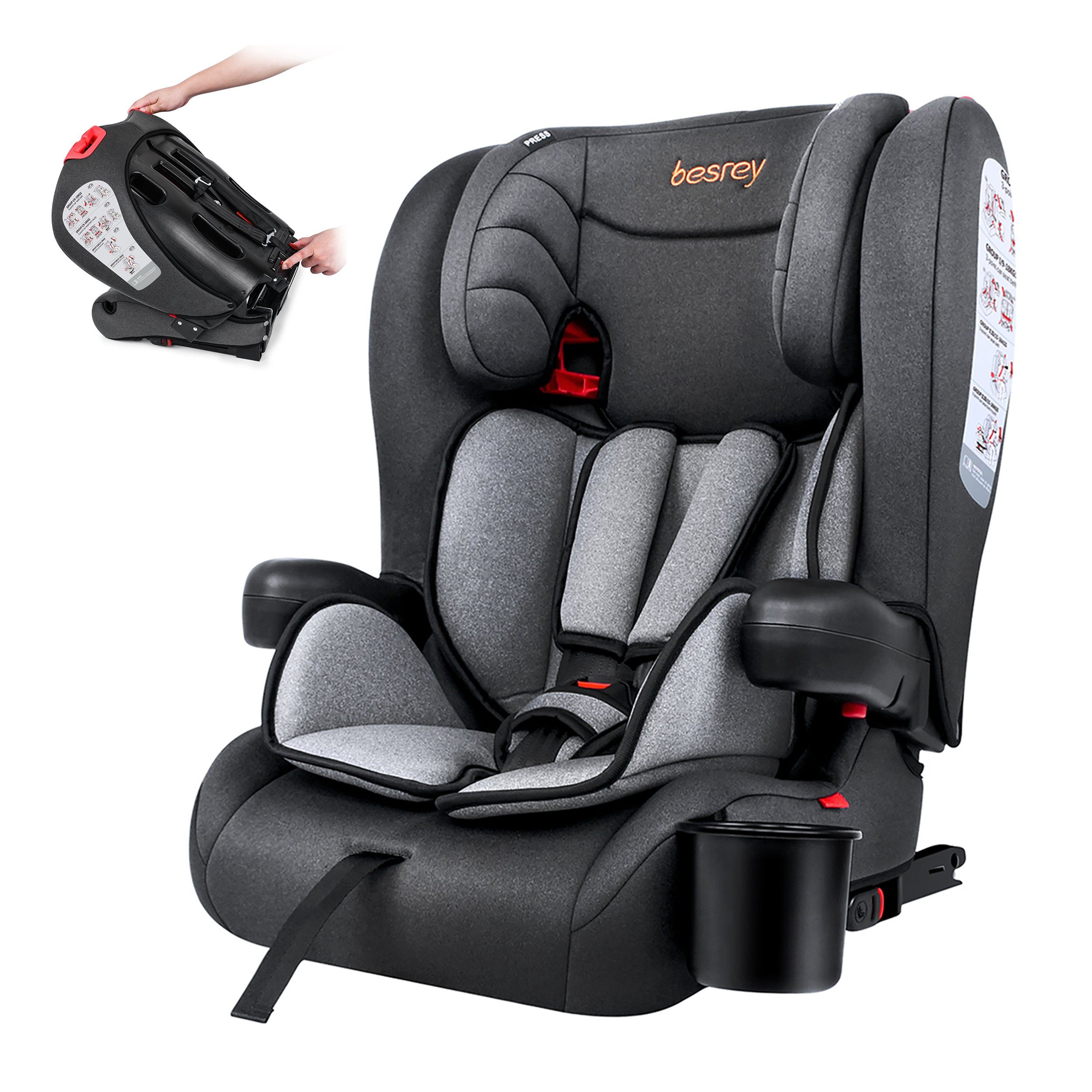 besrey Autokindersitz Kindersitz mit Isofix Kinderautositz Autositz Gruppe 1/2/3 9-36kg, Faltbarer und Tragbar