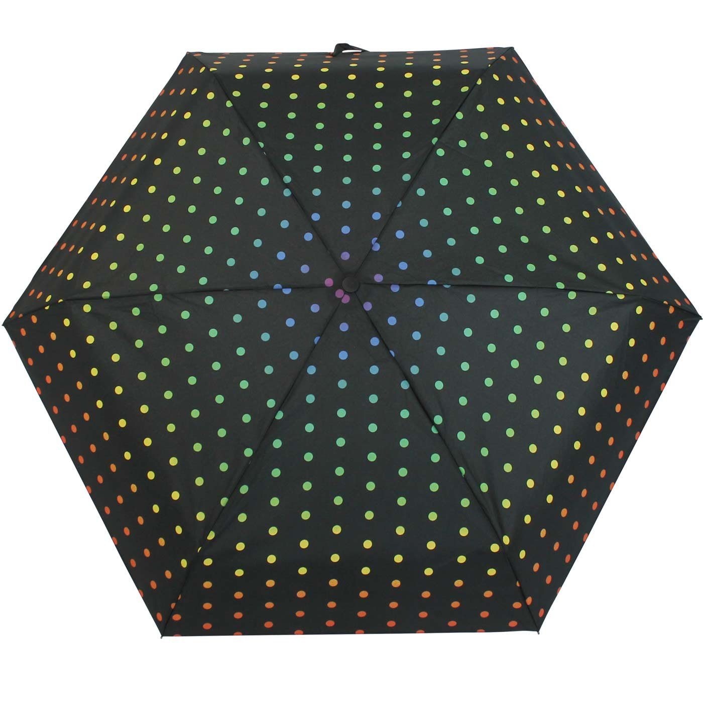 HAPPY RAIN Taschenregenschirm winziger Regenschirm mit Handöffner für Damen, mit Regenbogen-farbenen Punkten auf Schwarz