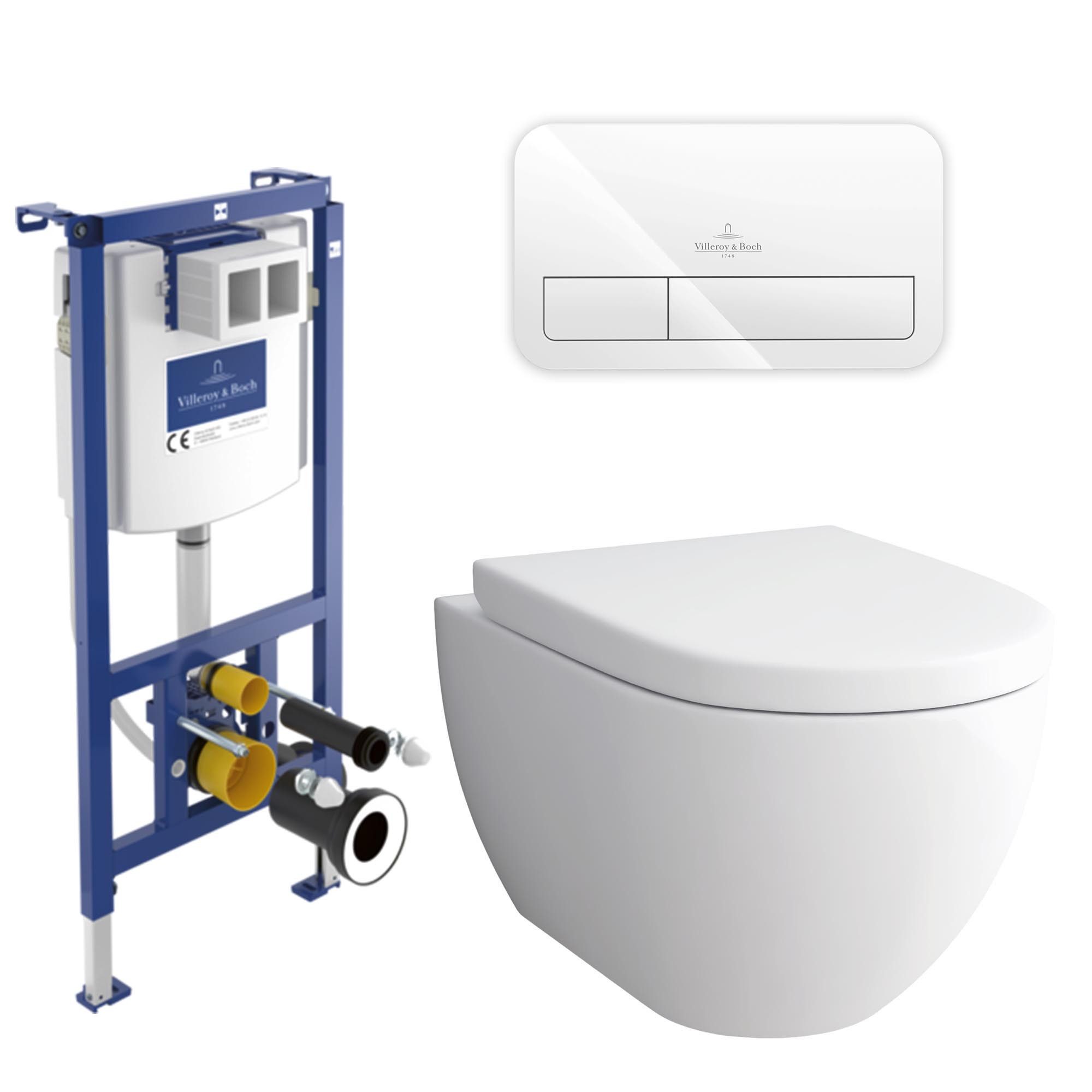 Alpenberger Vorwandelement WC mit Bidet Funktion + Villeroy & Boch Spülkasten und Betätigungsplatte, Dusch WC mit Nano, Taharet WC Spülrandlos, Kloschüssel mit Toilettendeckel mit Absenkautomatik