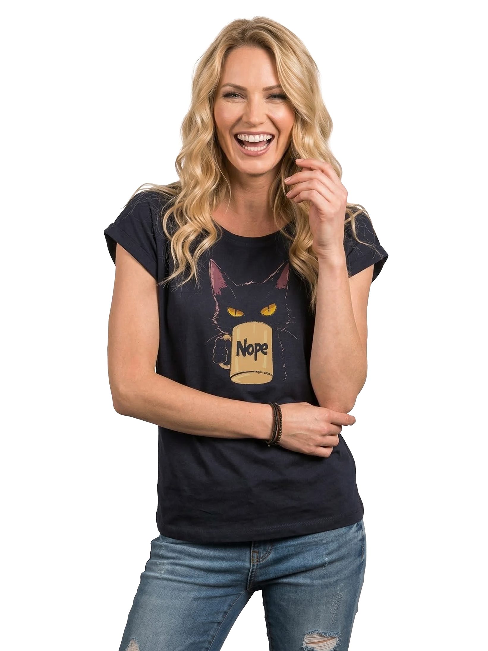 MAKAYA T-Shirt Lustiges Damen T-Shirt mit Katze und Kaffeetasse, Nope Spruch (Schwarz, Blau, Dunkelgrau, 34, 36, 38, 40, 42, 44, 46, 48, 50) Baumwolle