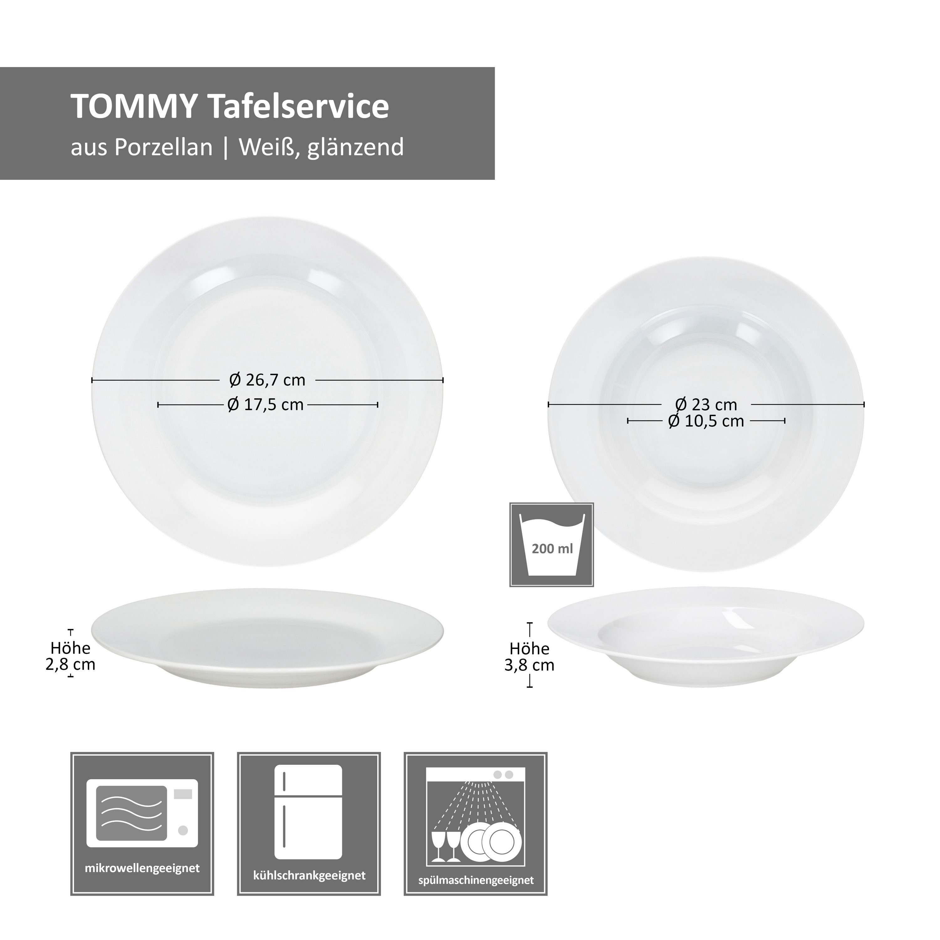 MamboCat Tafelservice 12tlg Tafelservice Tommy weiß Porzellan 6 Personen Speiseteller, Porzellan
