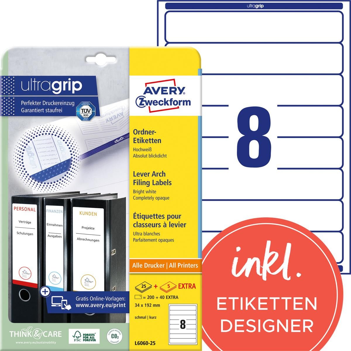 Hinweisschild AVERY Zweckform Ordnerrücken-Etiketten, 34 x 192 mm, weiß
