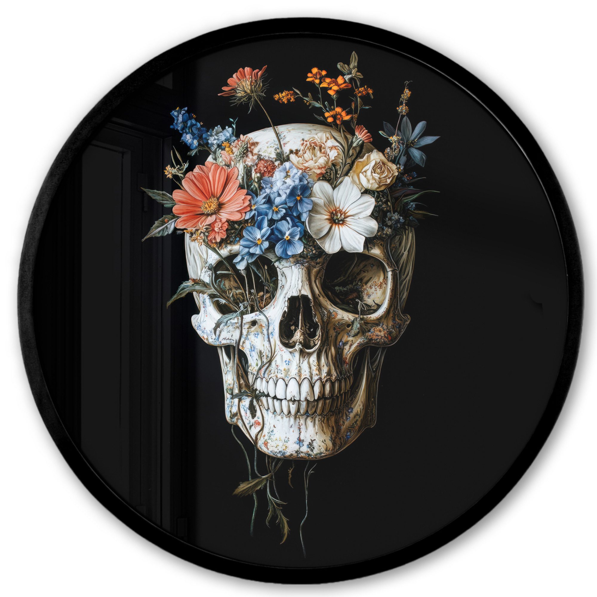 MuchoWow Poster Rund - Blumen - Totenkopf - Farbenfroh, (1 St), Runde Wandbilder, Deko für Wohnzimmer und Schlafzimmer, 40x40 cm