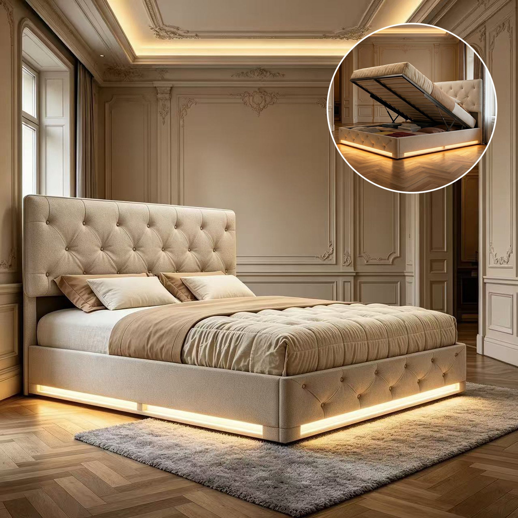 Gdood Polsterbett Stauraumbett LED Doppelbett (Hydraulisch anhebbarer Stauraum), Mit LED-Beleuchtung, Bettkasten, Lattenrost, Leinen, 140x200 cm