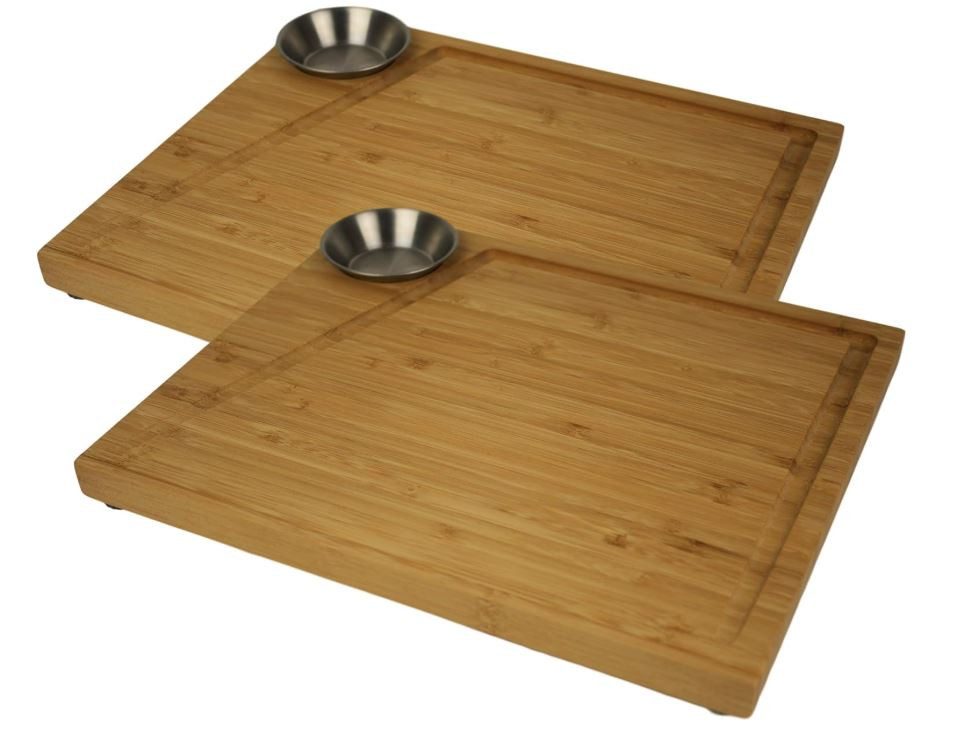 cleenbo Стейк тарелка Steakbrett mit Saftrille aus Bambus und Soßenbehälter - 30 x 25 x 3cm, (2 St), Rutschfest, Saftrille + Soßenbehälter aus Edelstahl
