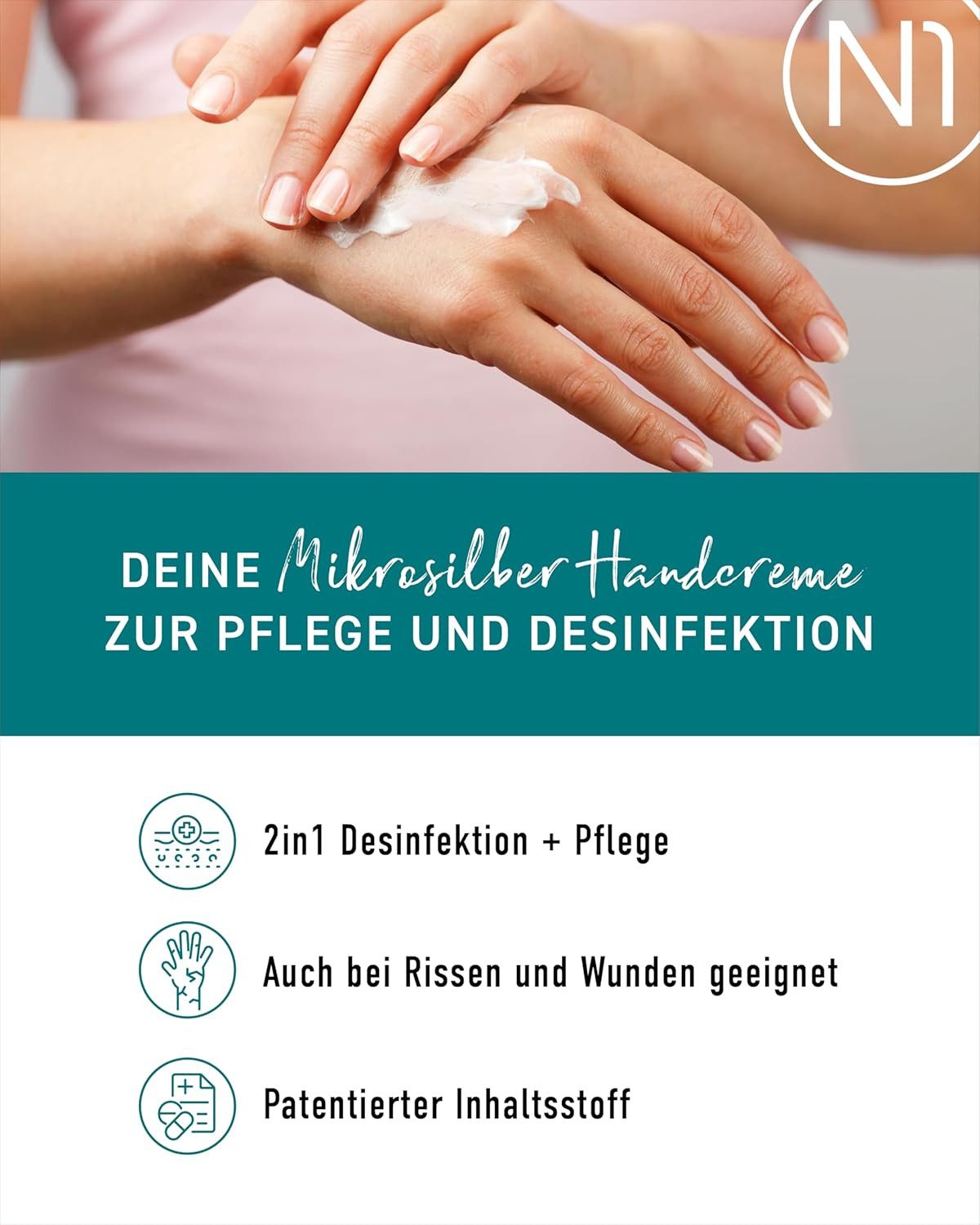 N1 Healthcare Handcreme N1 Mikrosilber Handcreme, 150ml [inkl. Desinfektion], Desinfiziert und pflegt die Haut gleichzeitig.