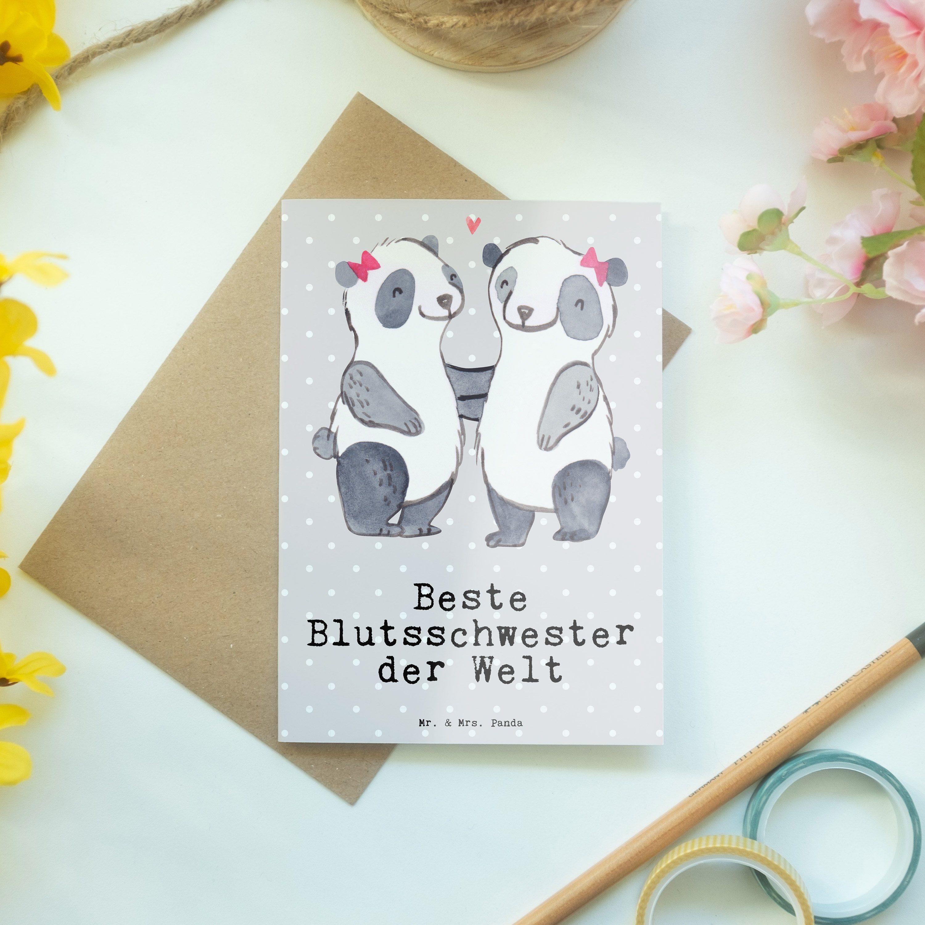 Welt Mrs. Glückw der Pastell & Grußkarte - Geschenk, Beste Grau Blutsschwester Mr. Panda - Panda