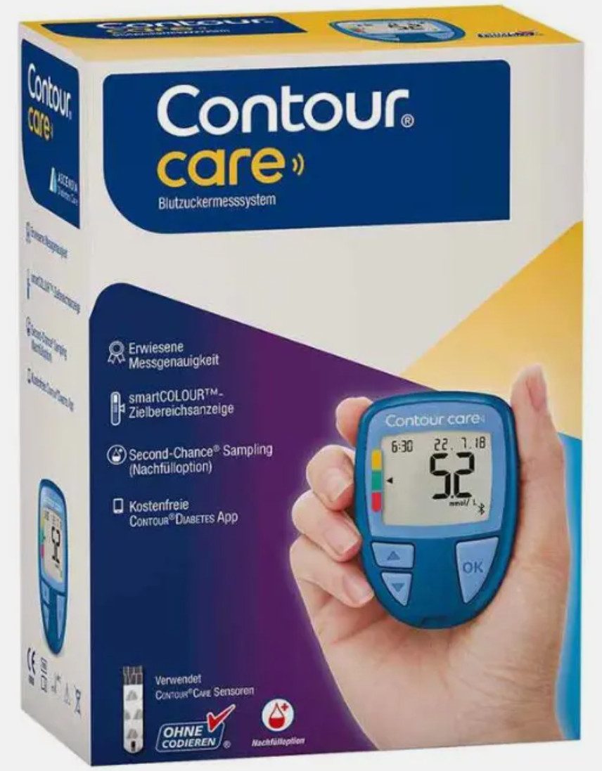 Ascensia Diabetes Care Blutzuckermessgerät CONTOUR®CARE, kompakte Größe und hohe Speicherkapazität, automatische Blutzuckeranalyse, Blutzuckermanagement, smarte Diabeteskontrolle, Präzise Messergebnisse, in mgdl oder mmol