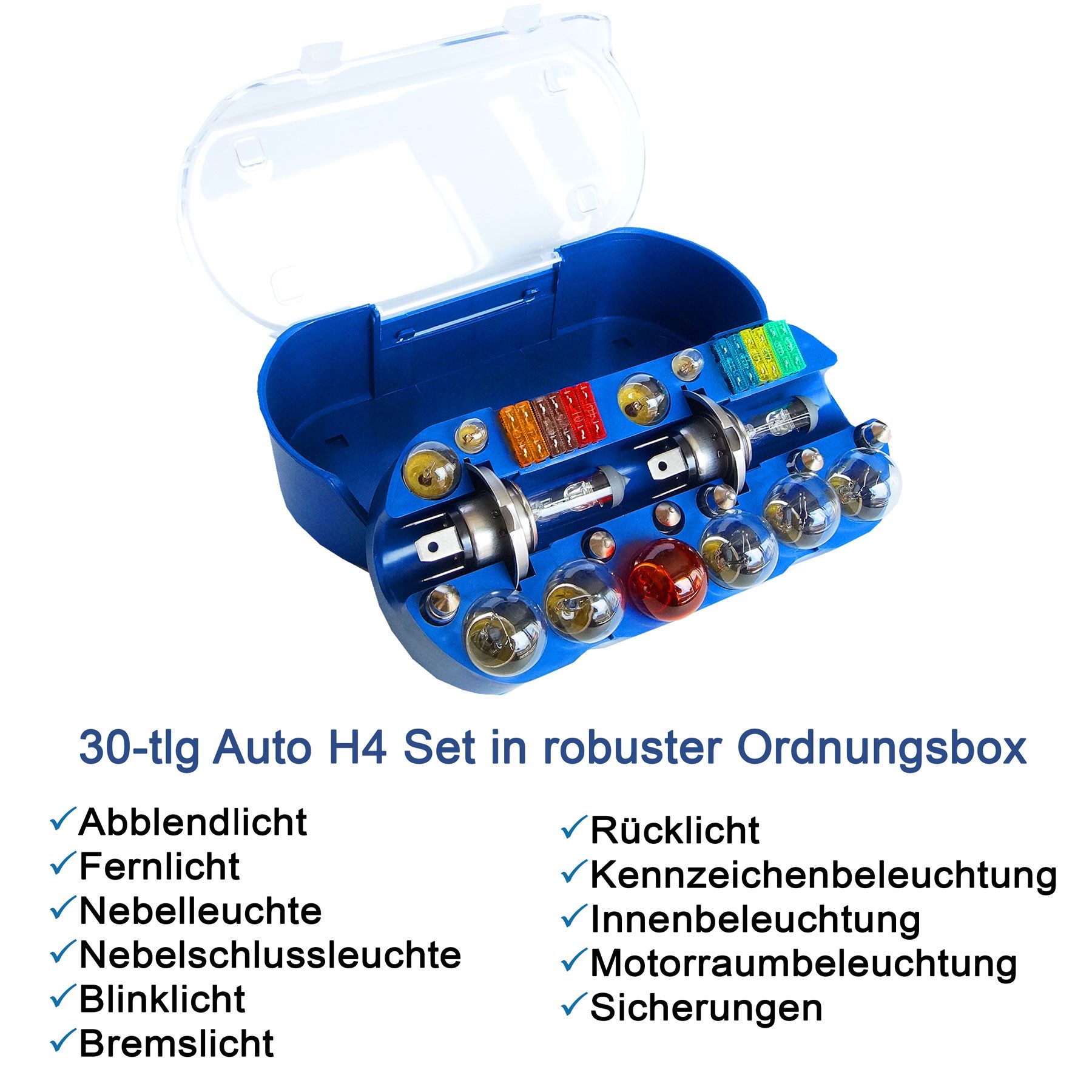 bemiX KFZ-Ersatzleuchte H4 Autolampen Set mit Sicherungen 30tlg PKW Ersatzlampenbox Auto Lampe, H4 PKW, P43t, Warmweiß, Autolampen 12 Volt
