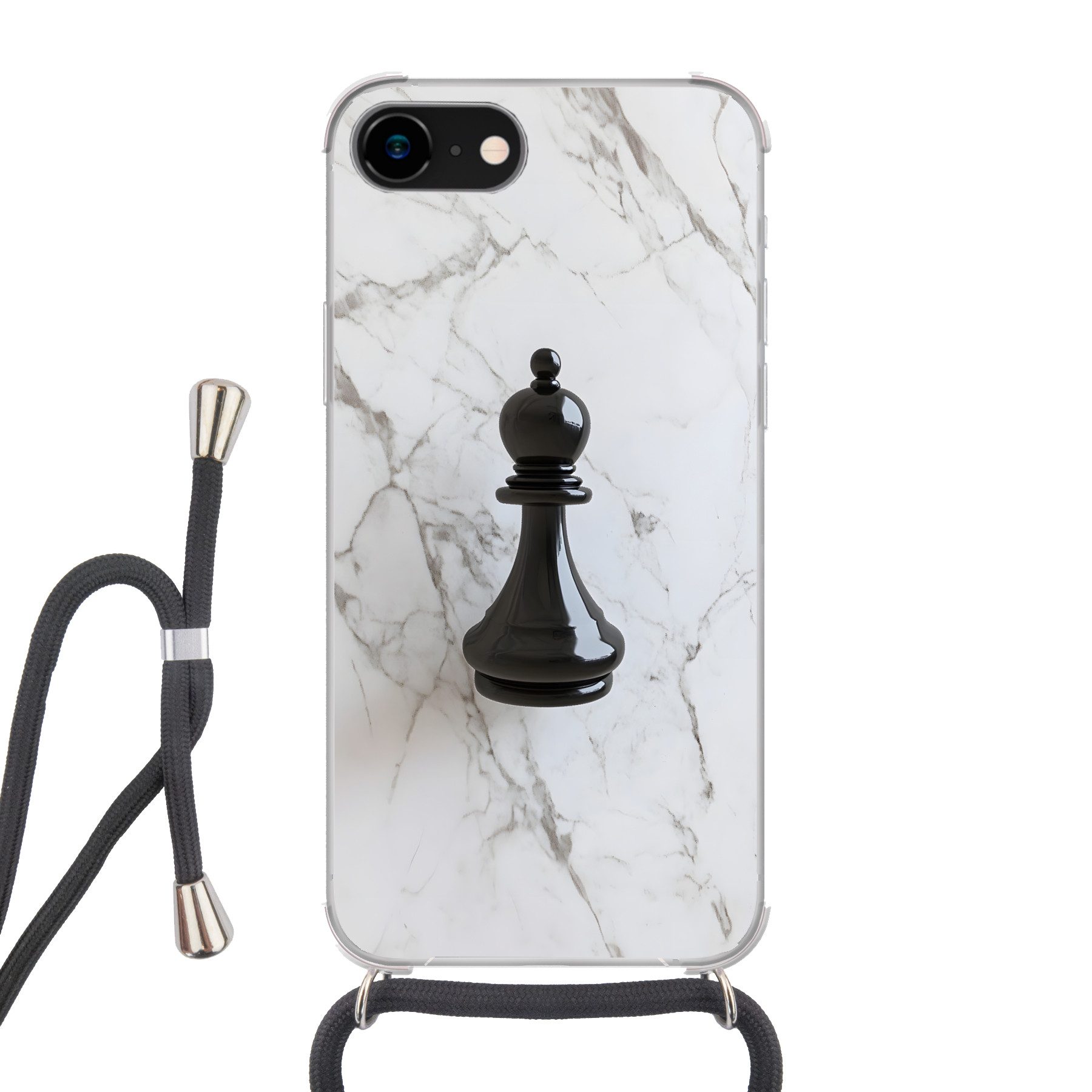 MuchoWow Handyhülle für Apple iPhone SE 2020 Schachfigur - Läufer - Schwarz - Marmor, Tragbare Handyhüllen mit Kette zum umhängen, Handykette Handyband