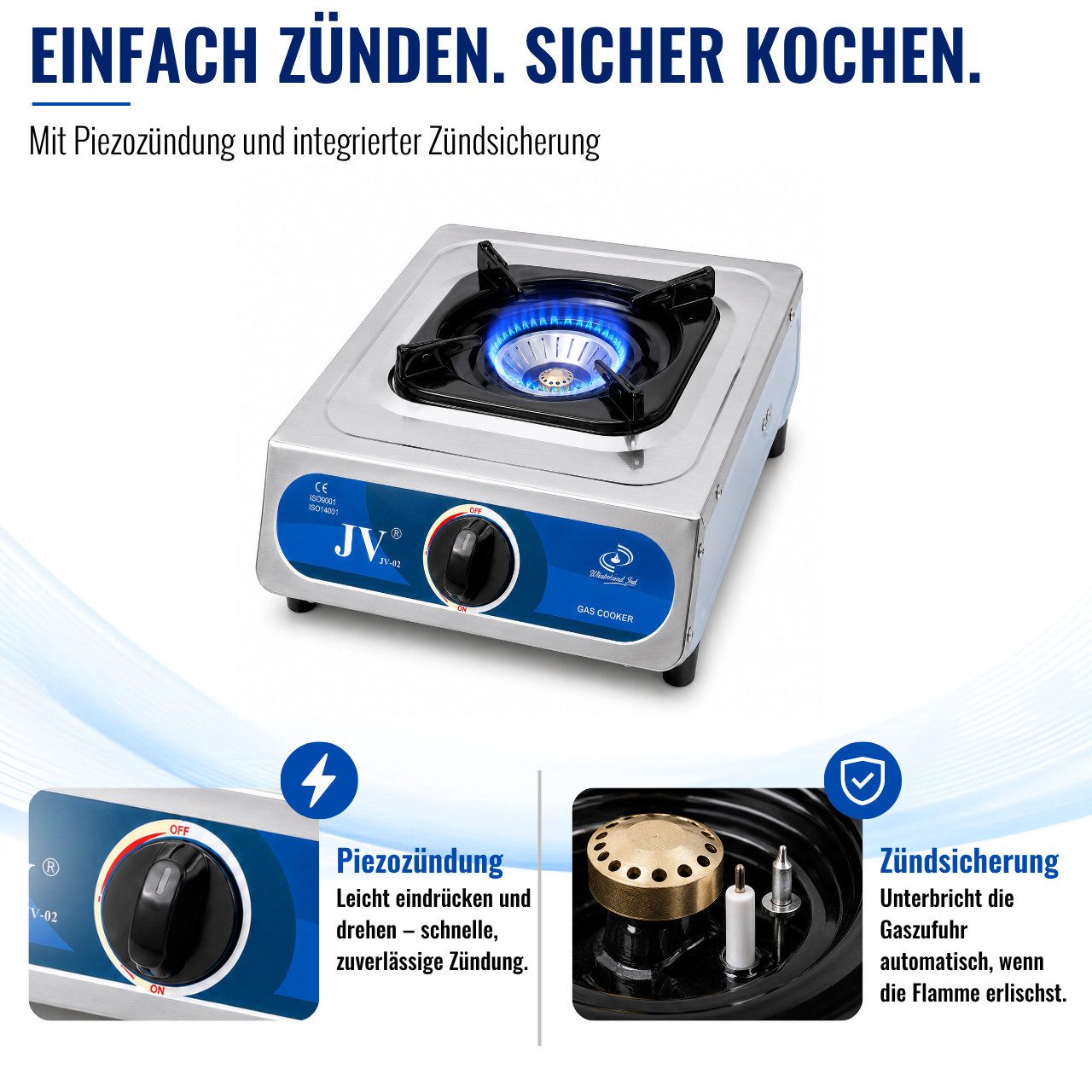 BlueCraft Gaskocher Edelstahl mobiler Campingkocher Outdoor 1-flammig mit Zündsicherung, Mit praktischer Piezozündung – Bild 2 von 5