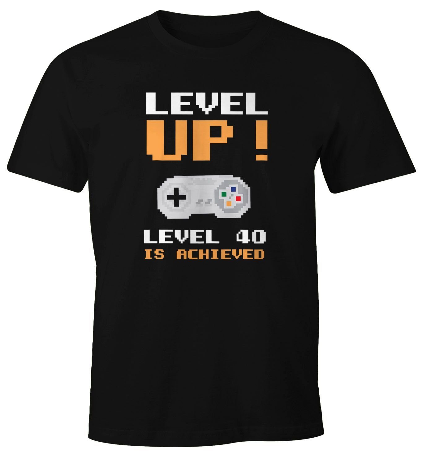 Moonworks® Geburtstag Level schwarz Print-Shirt MoonWorks Pixelgrafik 40 Print Geschenk Pixel Up Controller Retro T-Shirt Gamer Fun-Shirt mit Arcade Herren