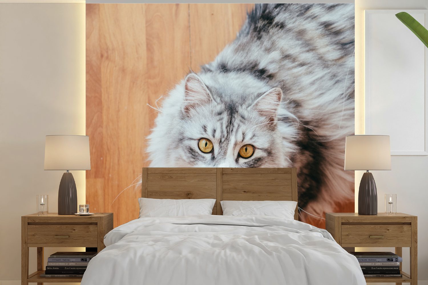 MuchoWow Fototapete Maine Coon Katze schaut auf, Matt, bedruckt, (5 St), Vinyl Tapete für Wohnzimmer oder Schlafzimmer, Wandtapete