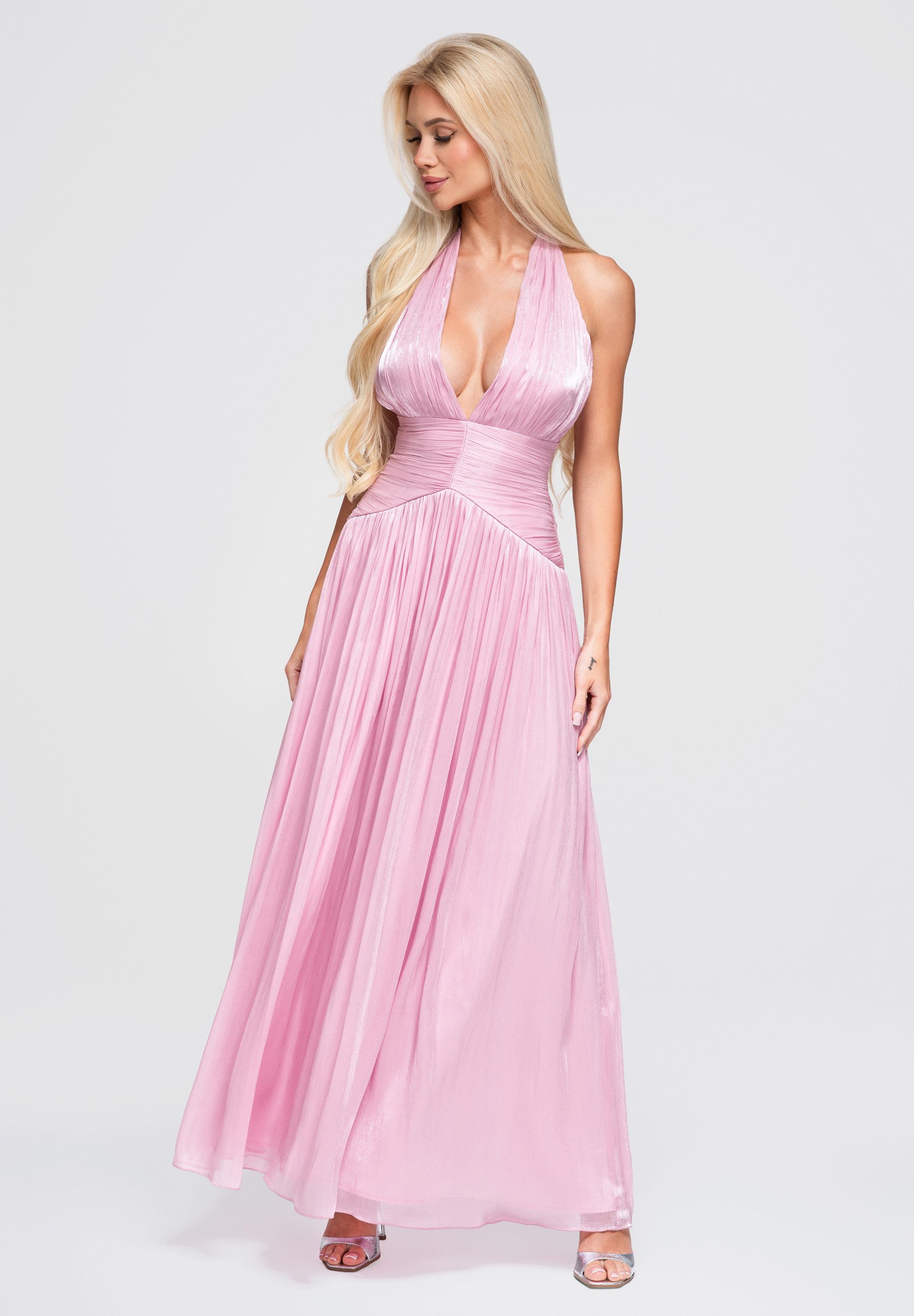 OMBRE Abendkleid Damen Abendkleid Maxikleid mit tiefem V-Ausschnitt Pink M (kein Set, 1-tlg) in Unifarbe – Bild 2 von 5