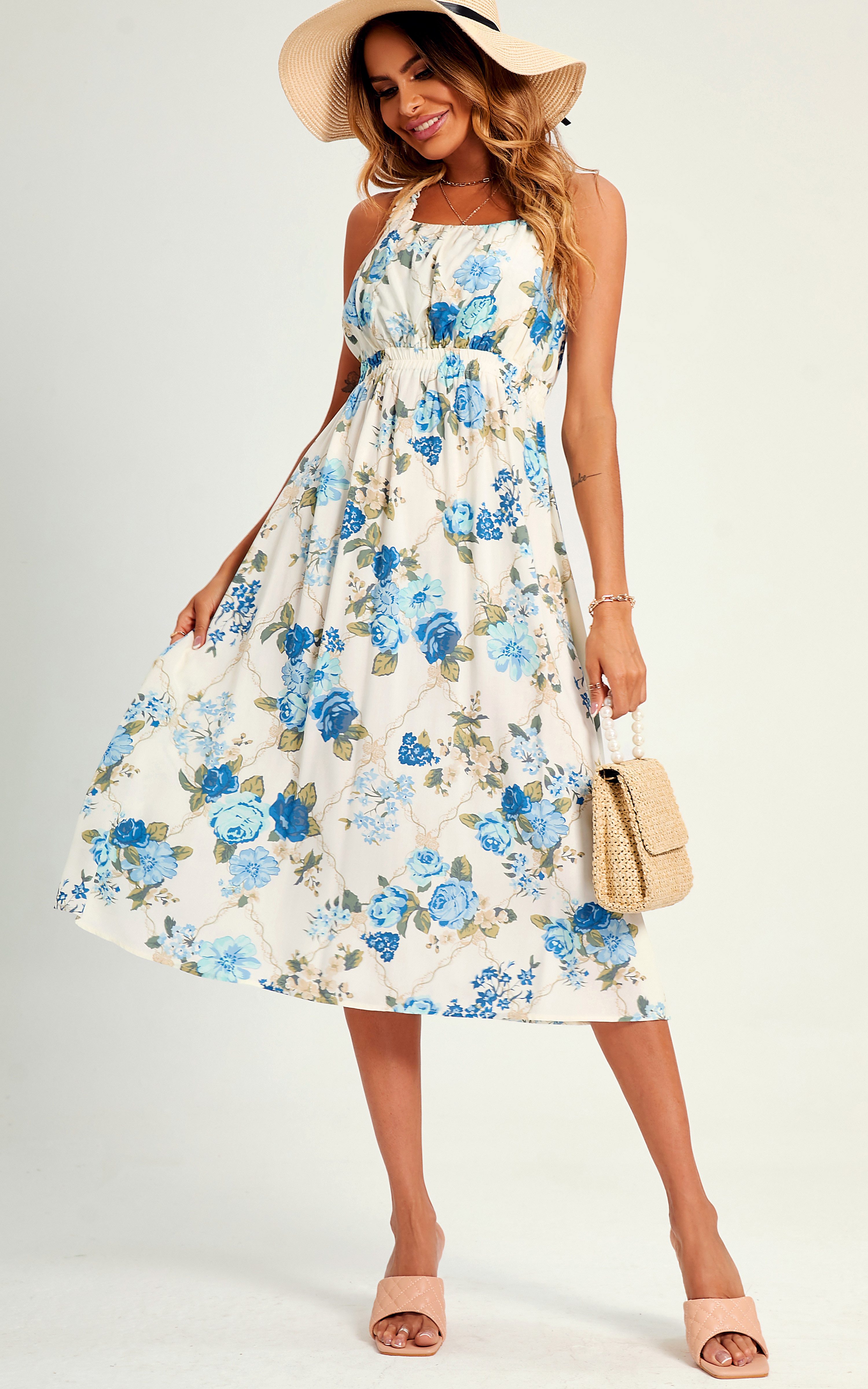 FS Collection Trägerkleid Damen Sommerkleid Midikleid Blumenkleid Trägerkleid Rückenfrei (S (UK 8–10 / EU 36–38), M (UK 10–12 / EU 38–40), L (UK 12–14 / EU 40–42) Rückenfrei, gekreuzte Träger, Blumenmuster, elastische Taille