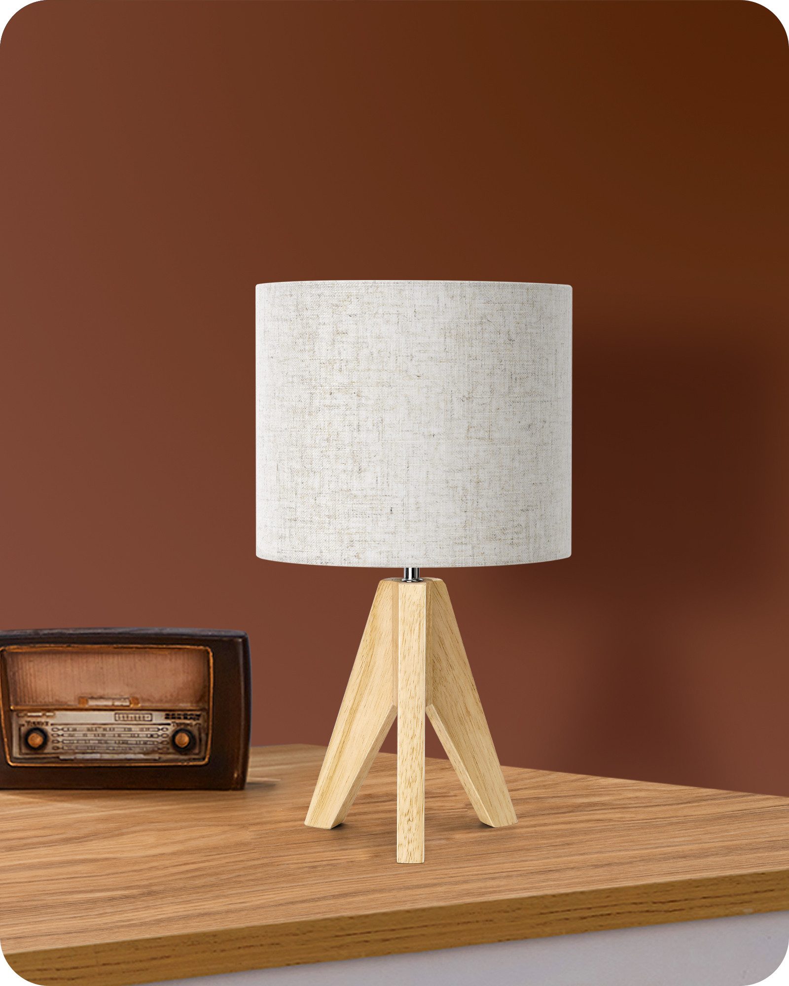 EDISHINE Nachttischlampe aus Holz mit Stoffschirm dreibeinig, LED wechselba günstig online kaufen