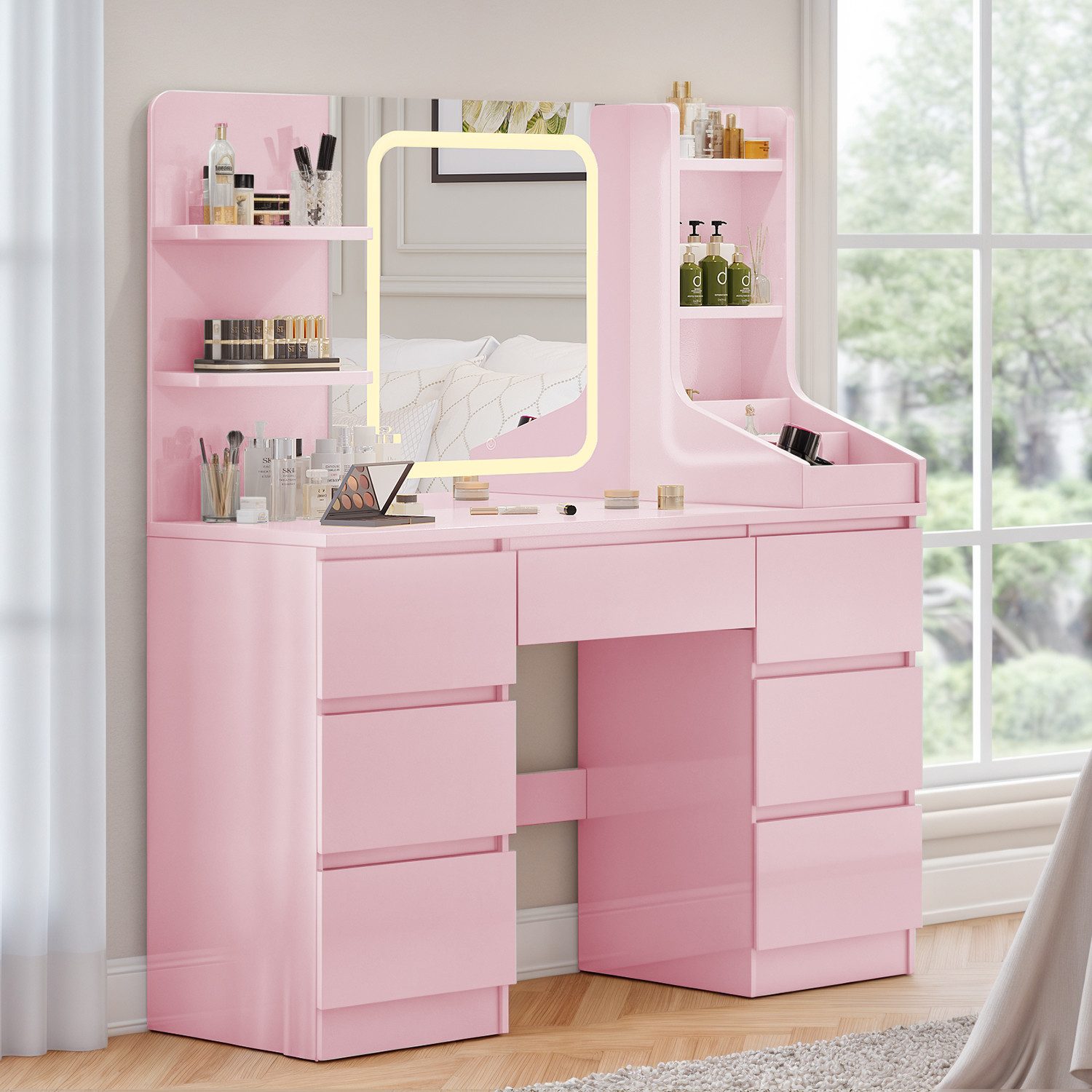 HOMALL Schminktisch mit dreifarbigen LED-Leuchten, Spiegeln und viel Staura günstig online kaufen