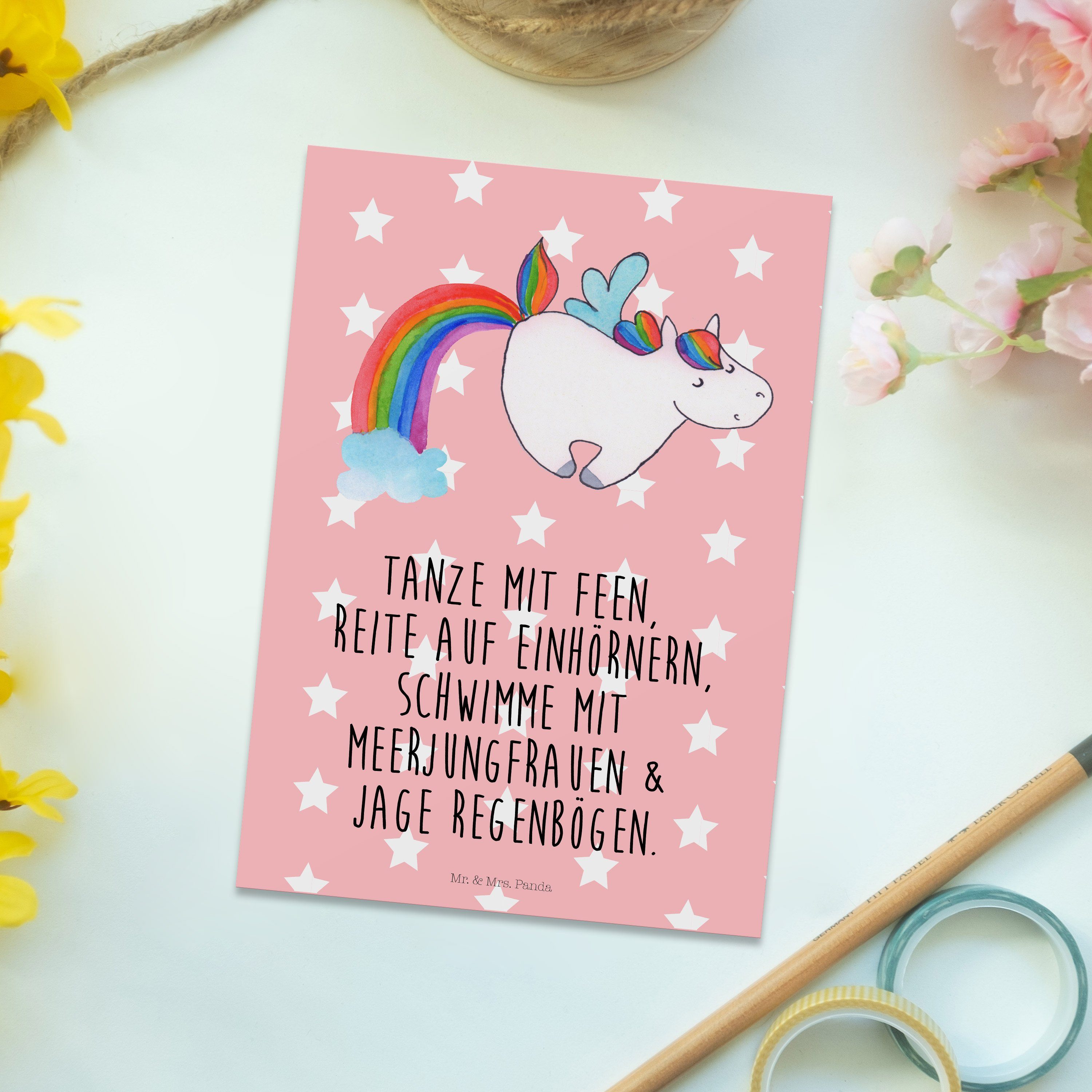 Mr. & Mrs. Panda Postkarte Einhorn Fliegendes Pferd, Postkarte, Rot Pastell, Regenbogen, Ansicht, Grußkarte kunstkarte Kunstkarten