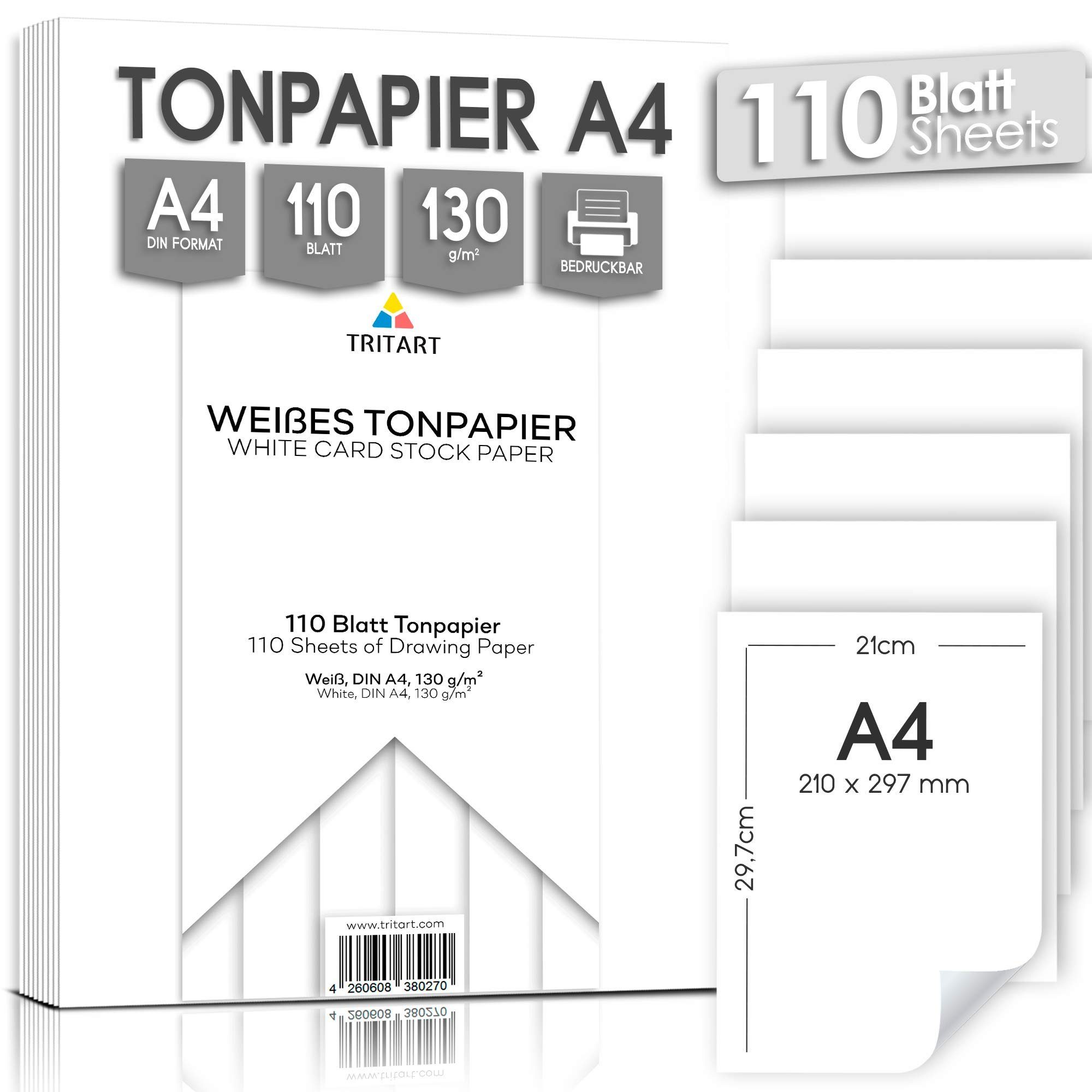 Tritart Aquarellpapier Hochwertiges Kartonpapier - 110 Blätter - Weißes Bastelpapier A4, White A4 Craft Paper - 110 Sheets - High-Quality Cardboard