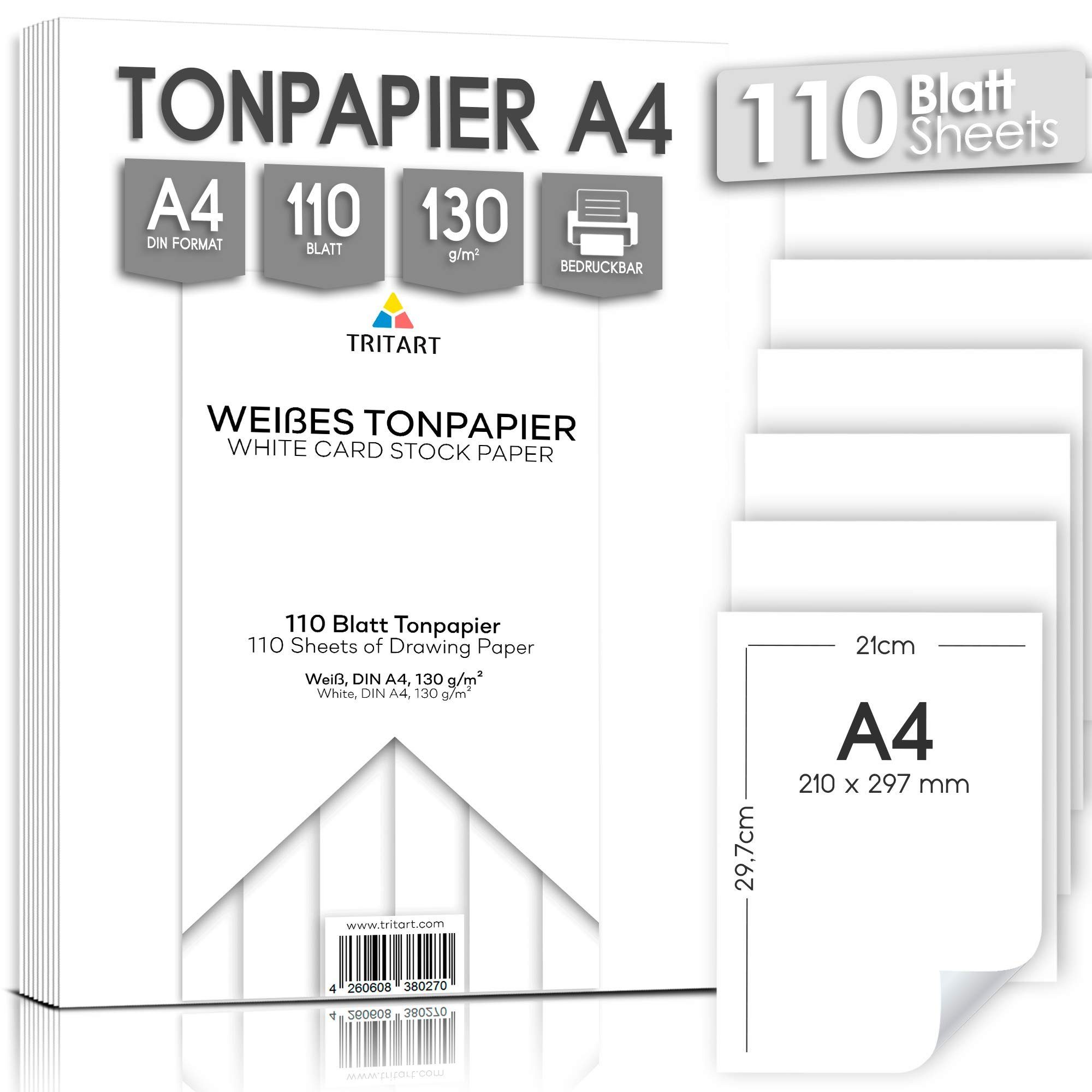 Tritart Aquarellpapier Hochwertiges Kartonpapier - Weißes - 110 Bastelpapier High-Quality White A4, Paper - Cardboard Blätter 110 Sheets - A4 Craft