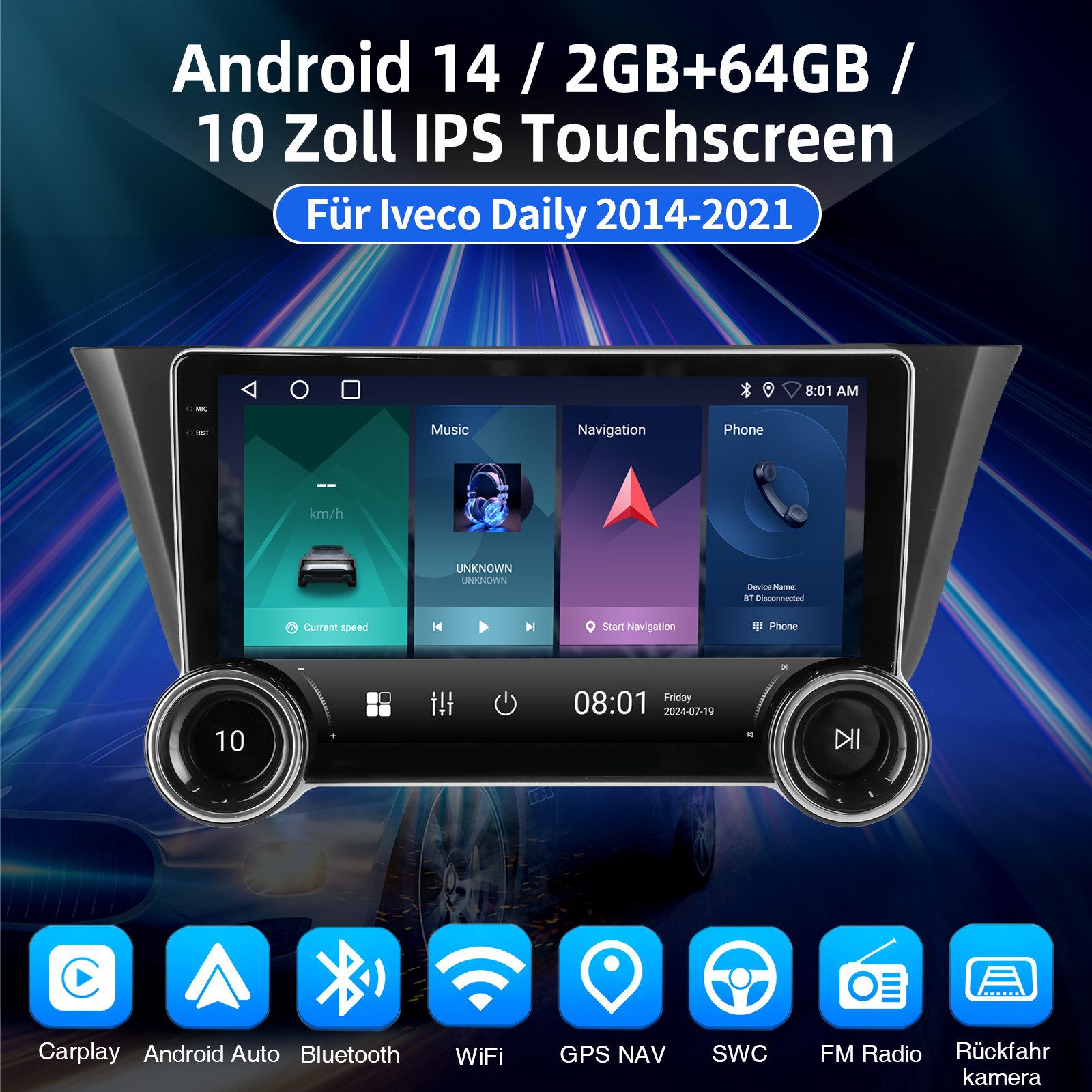 ESSGOO DAB+ 10" Autoradio Für Iveco Daily 2014-2021 Android 15 Carplay GPS FM Autoradio (RDS, 4+64GB(optional), DAB (optional), FM, AM, DAB+ (optional), Apple Carplay Android Auto GPS Navi WIFI BT EQ)