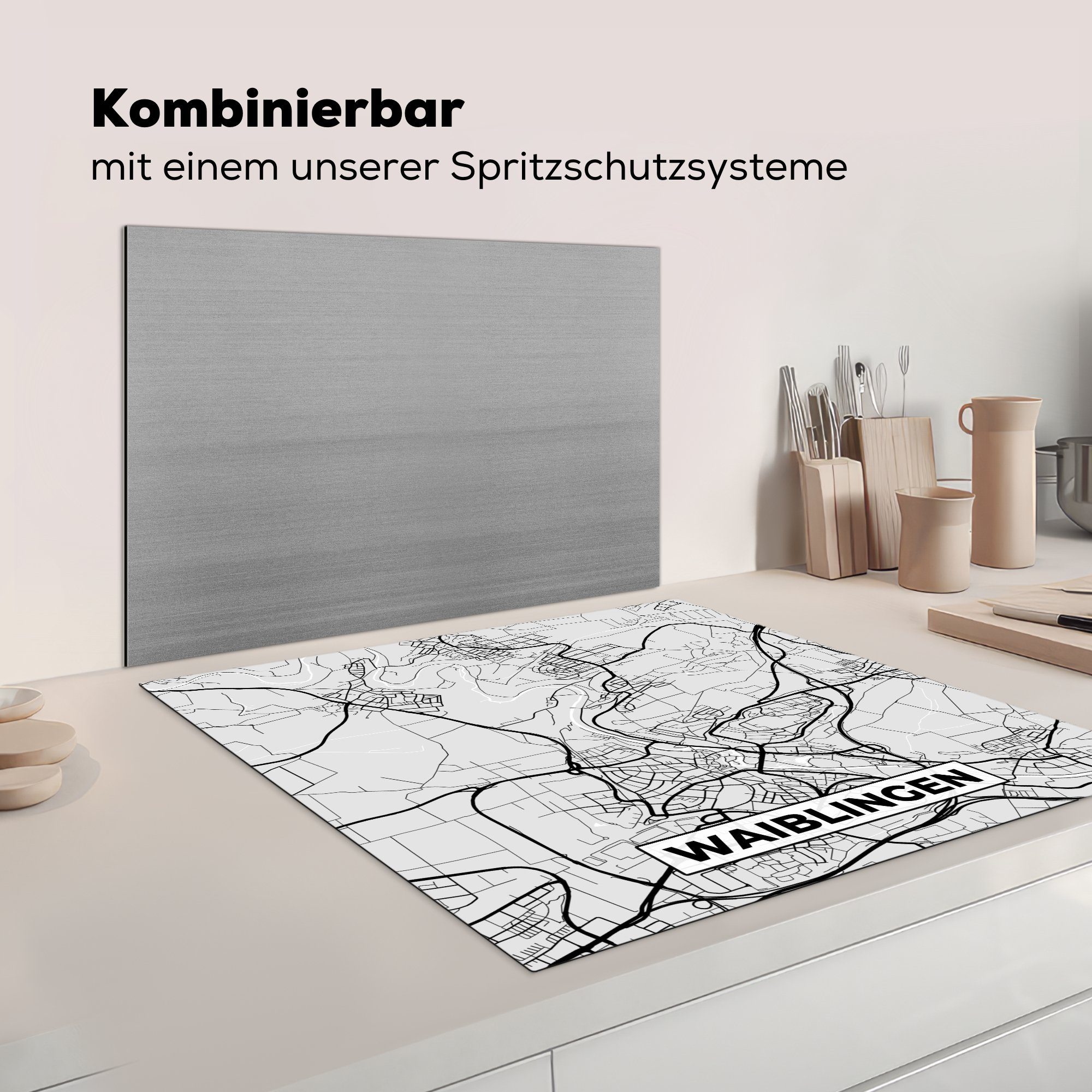 küche Karte, MuchoWow Herdblende-/Abdeckplatte - (1 78x78 Vinyl, Waiblingen Arbeitsplatte Ceranfeldabdeckung, Karte Deutschland cm, - Stadtplan - für - tlg),