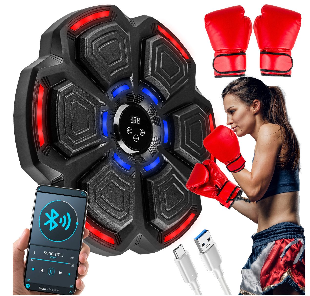 MODFU Boxstation LED Music Punch Boxmaschine Bluetooth Musik Boxing Machine (Mit LED und Bluetooth Musik, 9 Geschwindigkeitsmodi & Zählmodus, 1-tlg., Elektronische Punch Boxmaschine zur Wandmontage inkl), oxhandschuhe – Für Kinder & Erwachsene, Heimtraining & Fitnessstudio