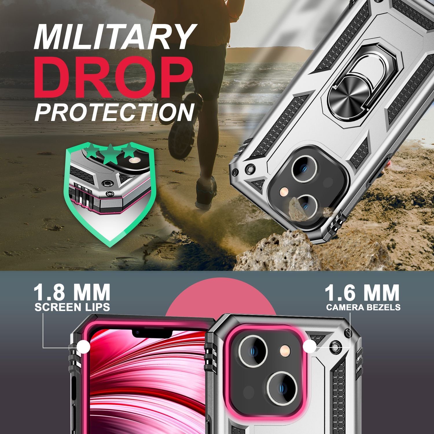 Nalia Smartphone-Hülle Apple iPhone 14 15,5 cm (6,1 Zoll), Stoßfeste Military-Style Ring Hülle / Extrem Schützend / Outdoor Case